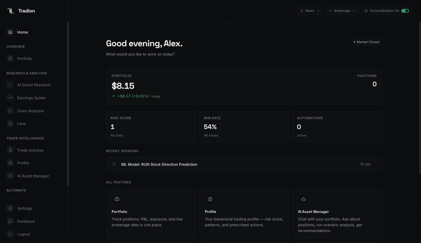 The Tradion home screen: a portfolio value tile, risk score, win rate, active automations, a recent sessions list, and feature cards