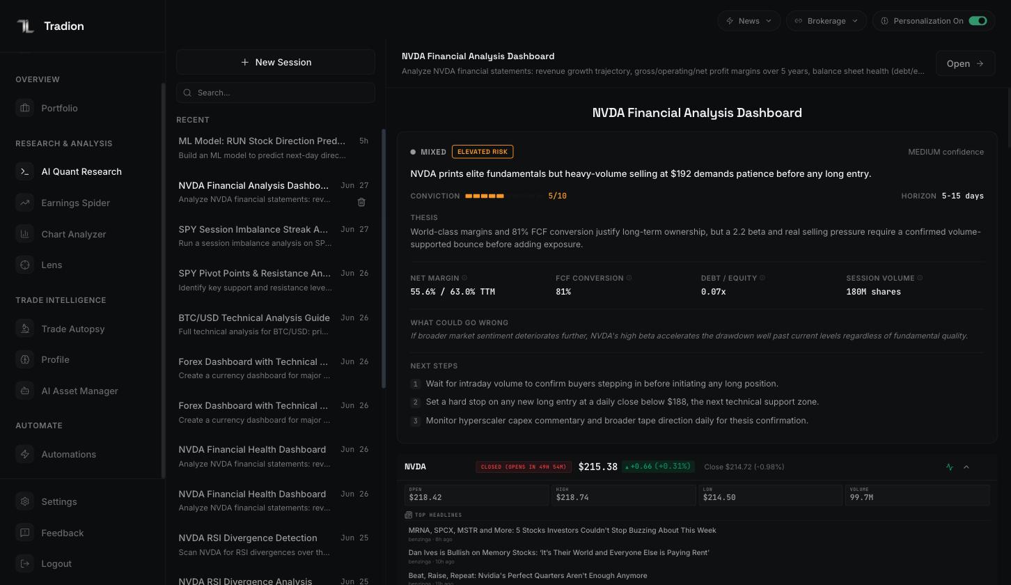 The quant research terminal showing a saved session list and an NVDA financial analysis dashboard with a verdict, conviction score, thesis, key metrics, and next steps