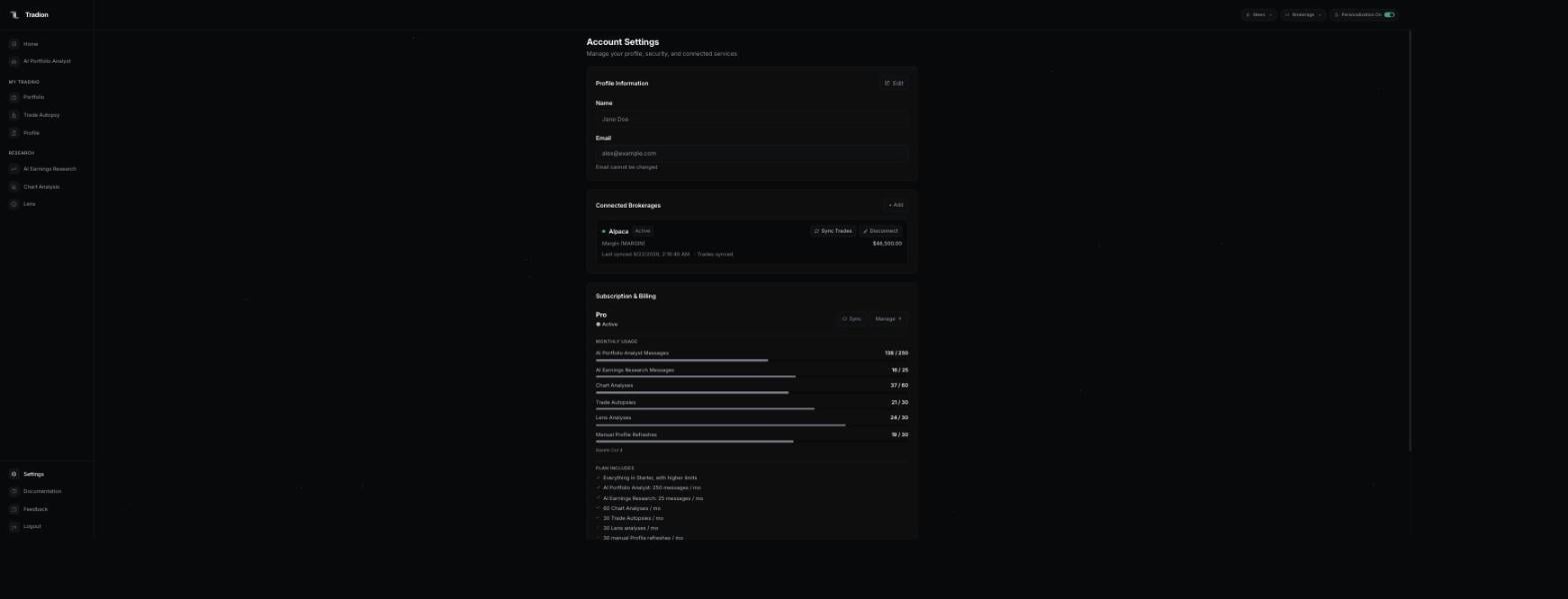 The Account Settings screen showing profile name and email fields, a connected brokerage with sync and disconnect buttons, and a subscription and billing section