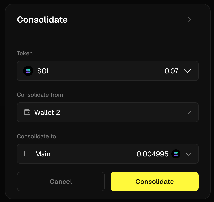 consolidate — source wallet checklist, destination selector