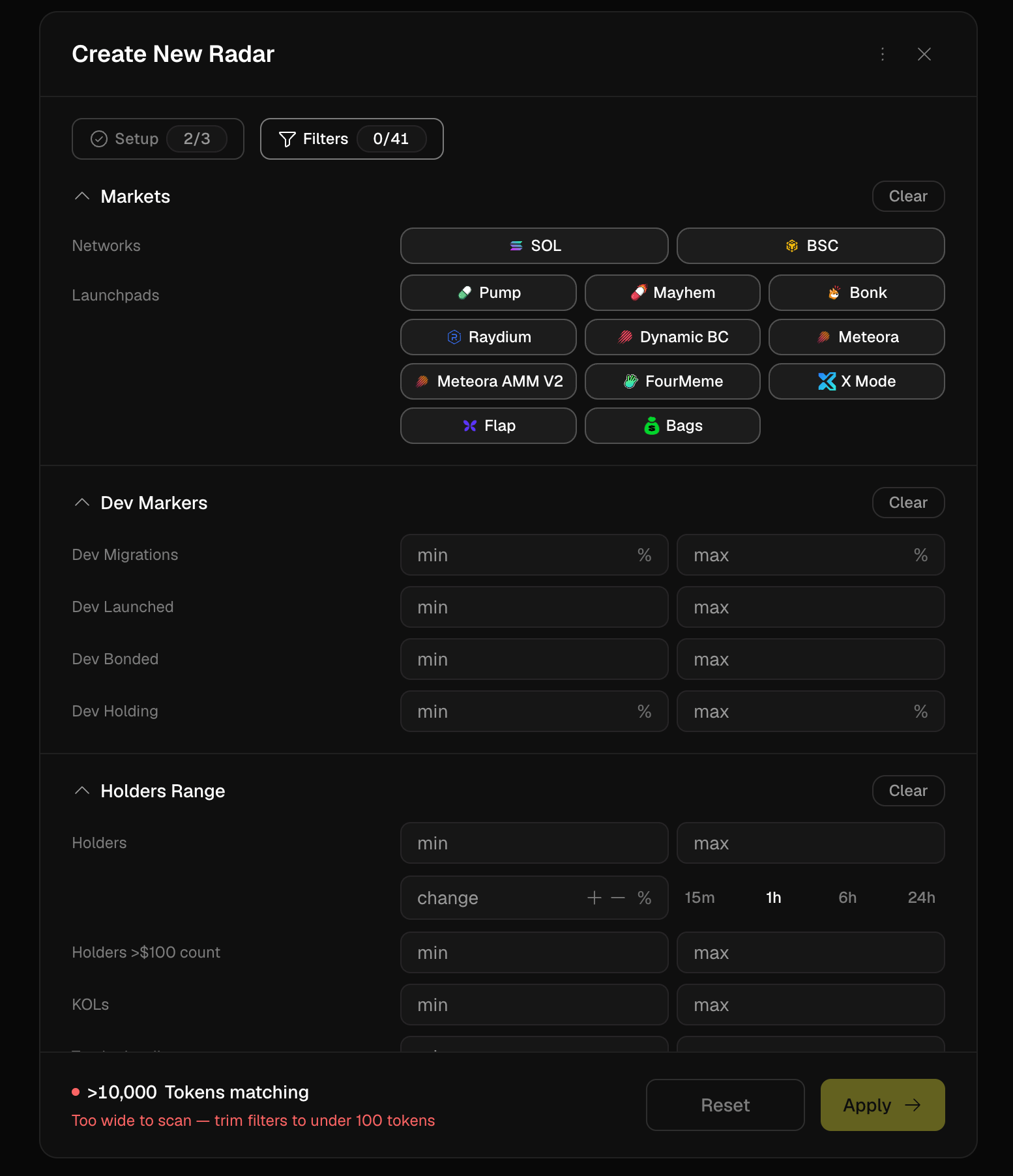 Custom Radar filter builder — markets, dev markers, holders range