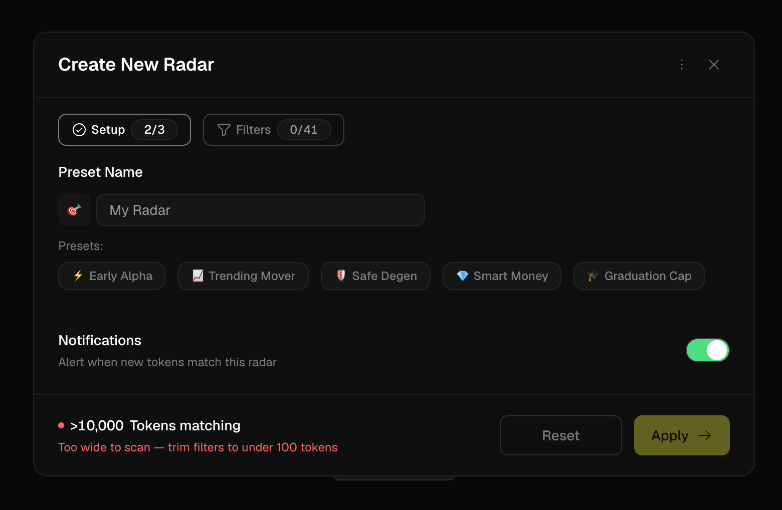 Create New Radar — name, starter presets, match notifications