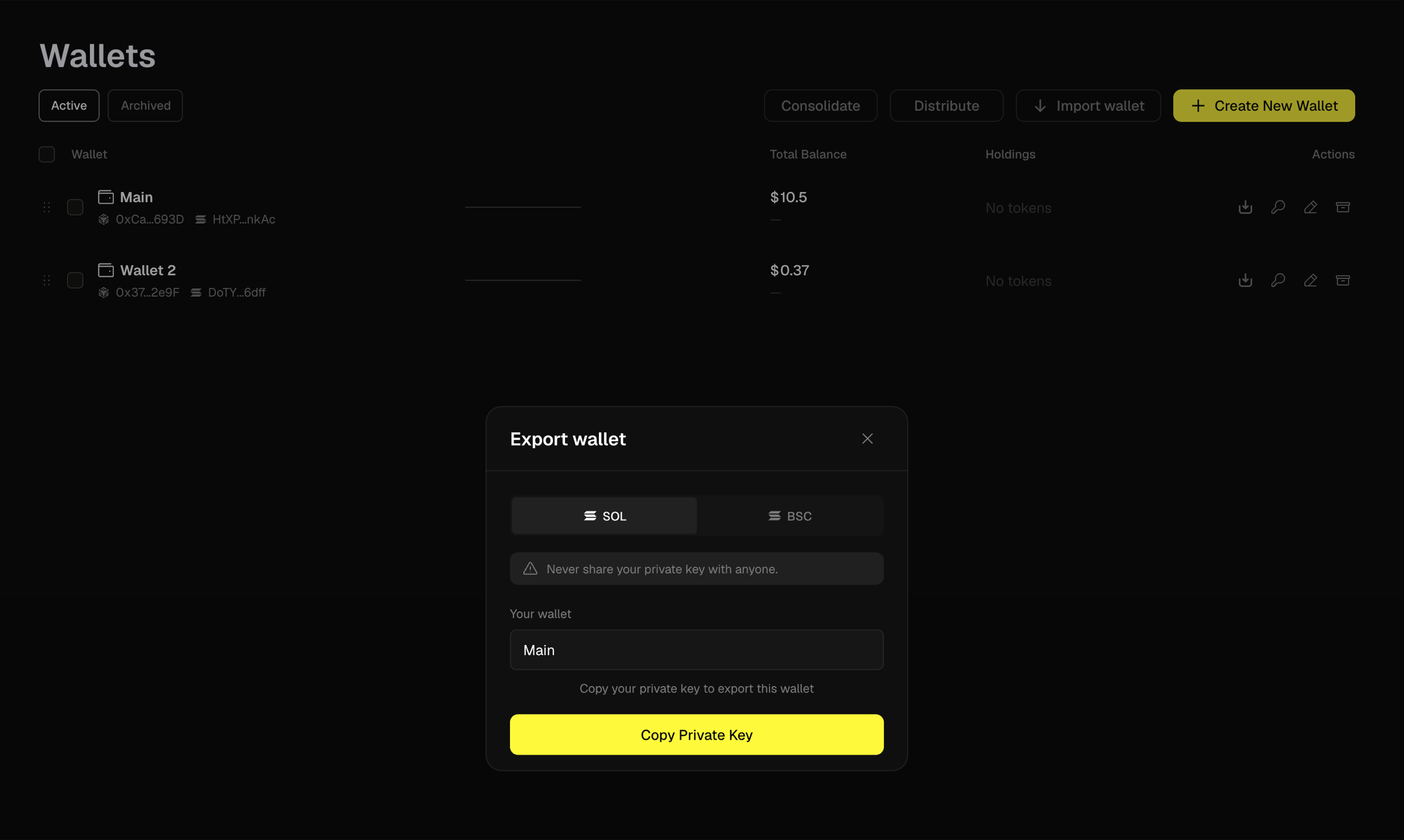 export private key flow with warning dialog