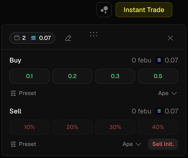 Instant Trade window with preset configuration