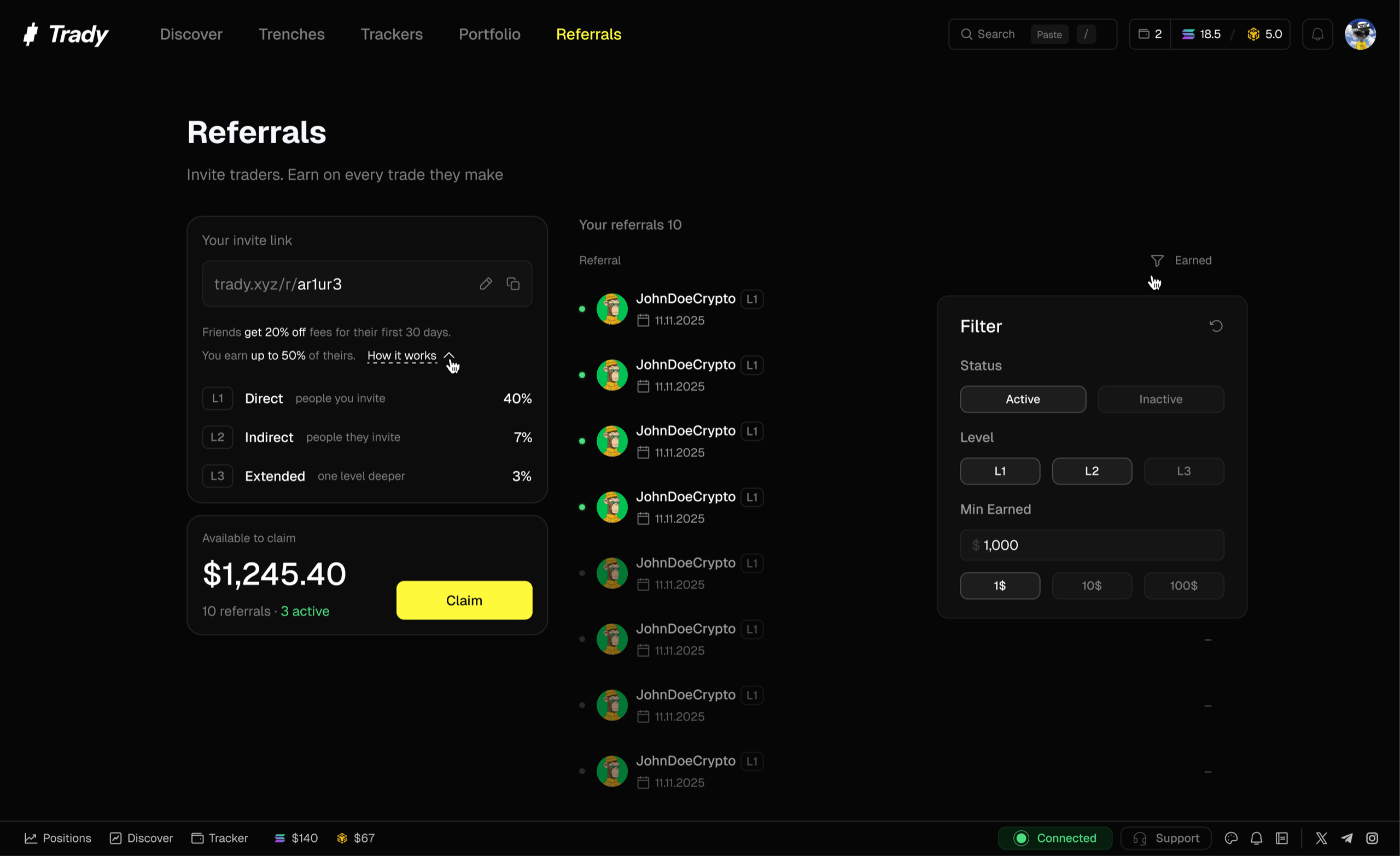 referrals dashboard — link, network stats, earnings