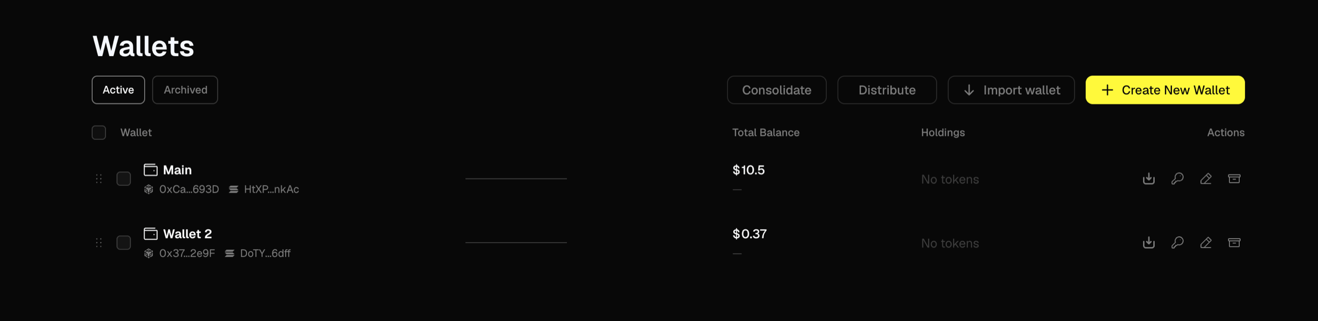 Wallets — wallet list with labels and balances