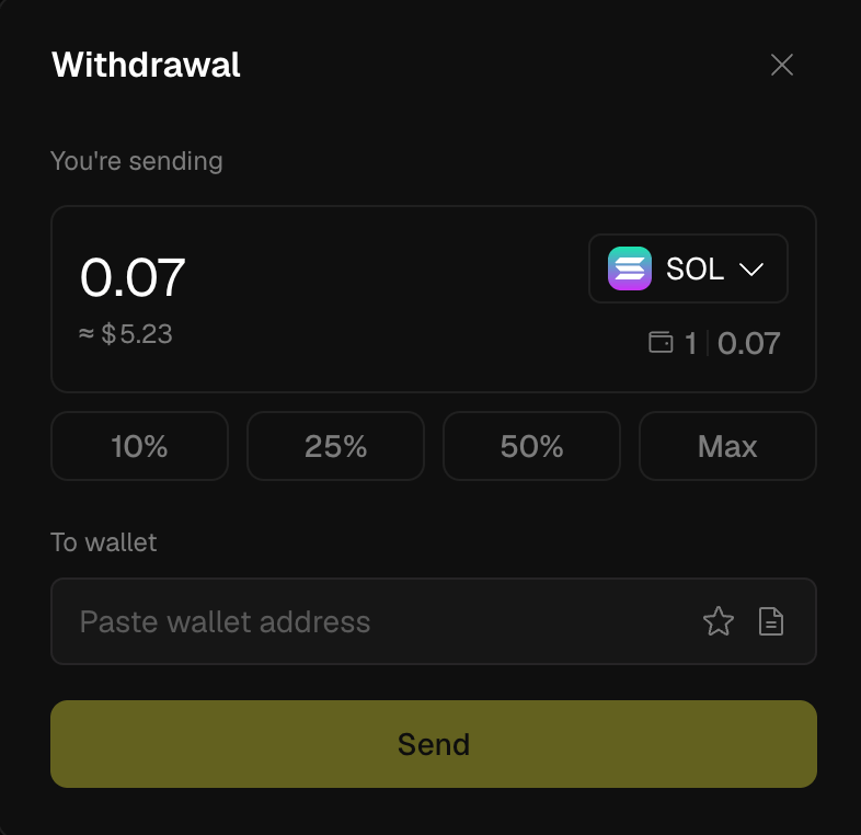 withdraw flow — network, address, amount, confirm