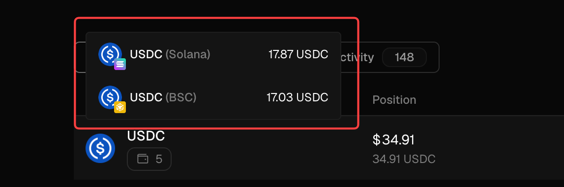 balance view showing per-chain USDC — Solana and BSC listed separately