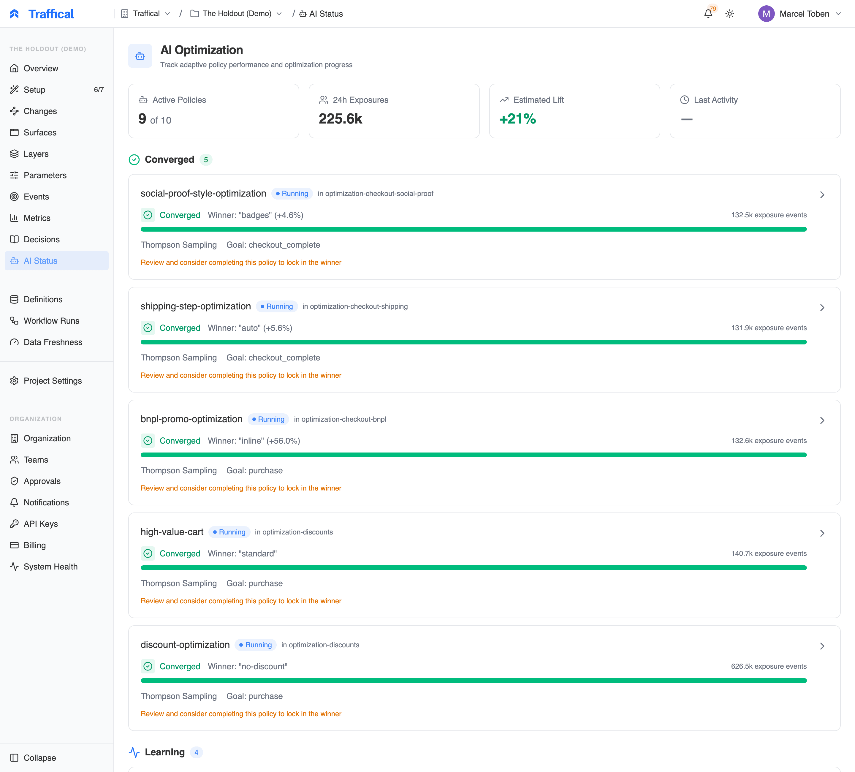 AI Optimization page with summary strip and Converged and Learning policy groups