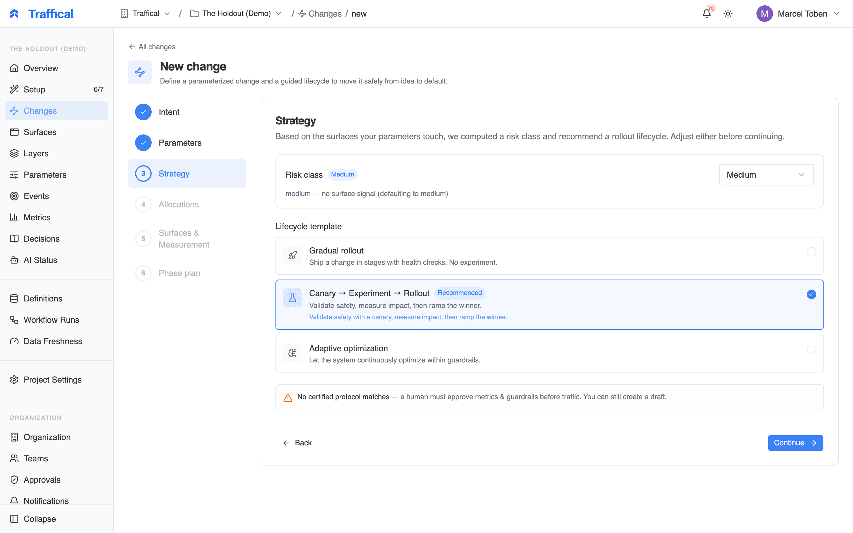 New Change wizard Strategy step showing the computed risk class, the lifecycle template list with the Recommended badge, and the measurement protocol teaser