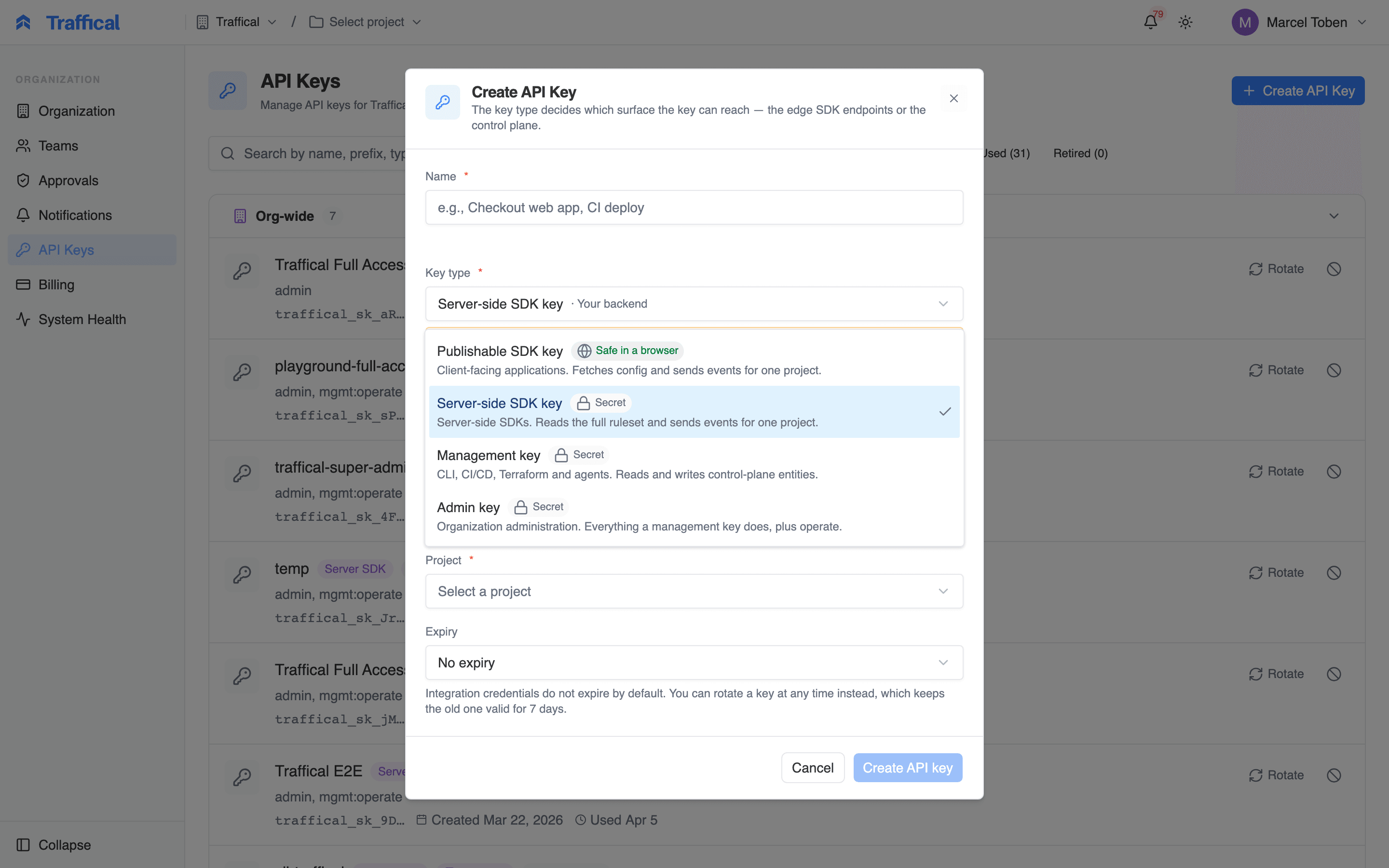 Create API Key dialog with the key-type dropdown open showing the Publishable SDK, Server-side SDK, Management and Admin key types