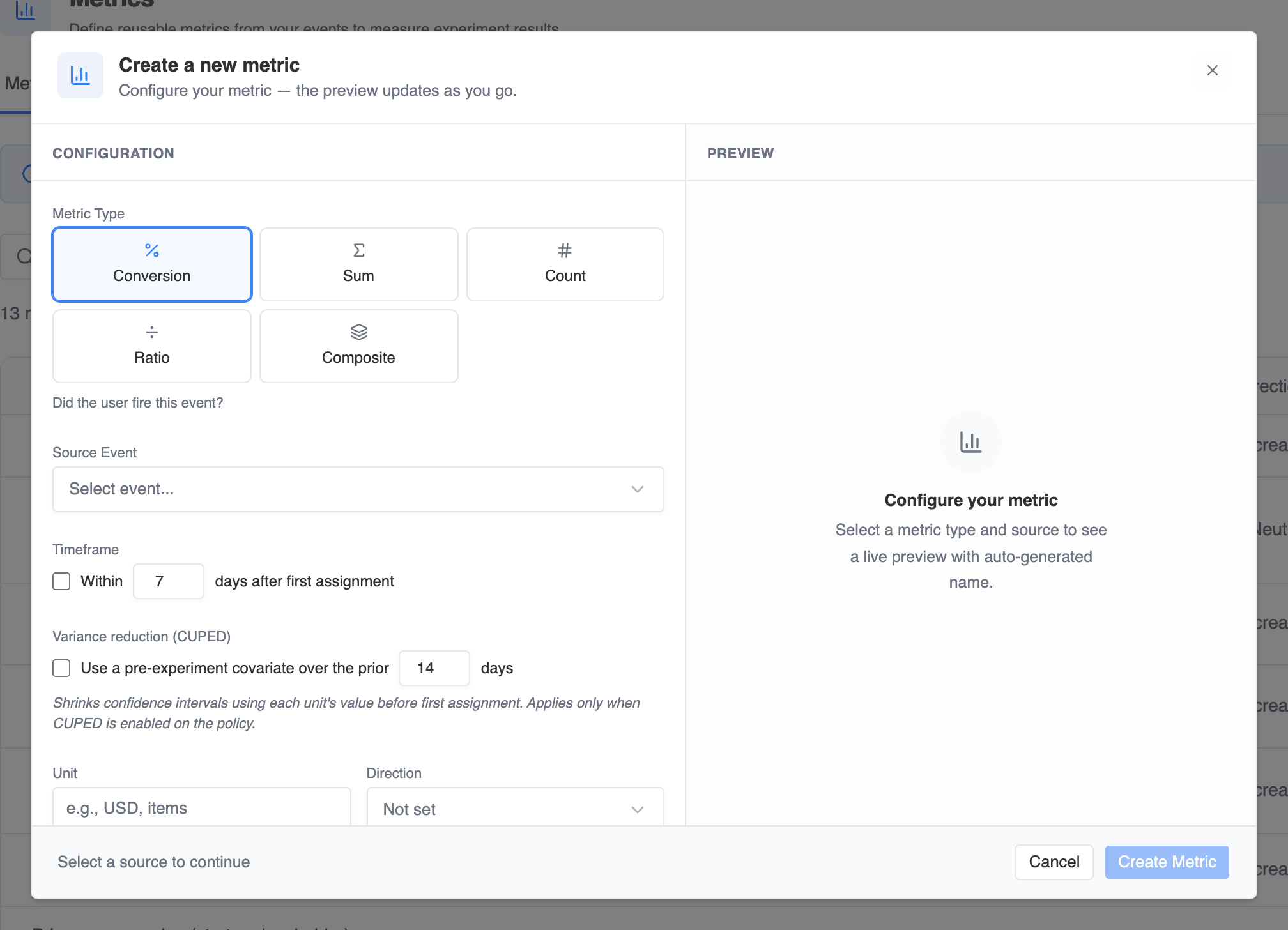Create metric dialog: type picker and source configuration on the left, live preview card on the right