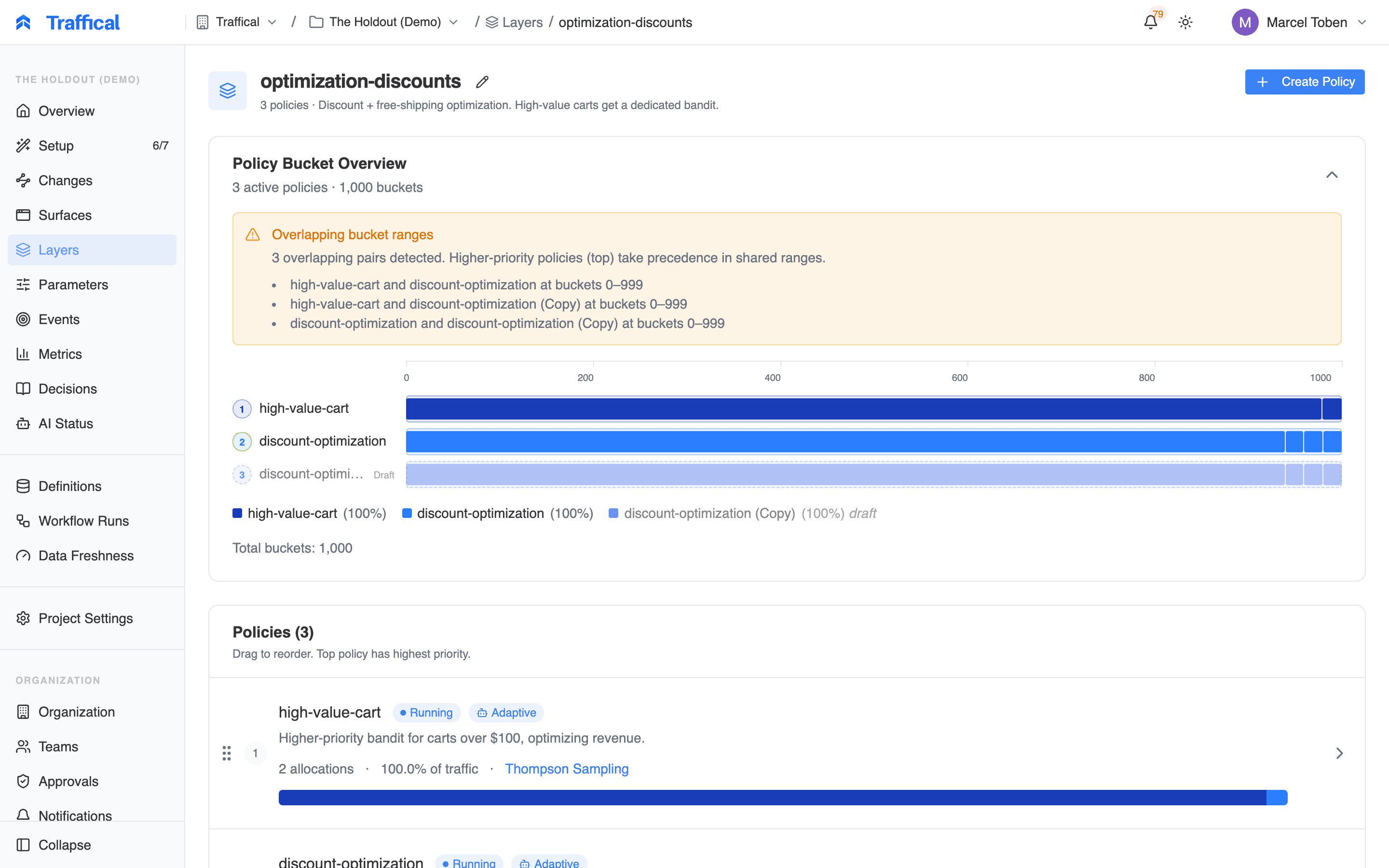 Layer detail with prioritized policies list and the collapsible policy bucket overview