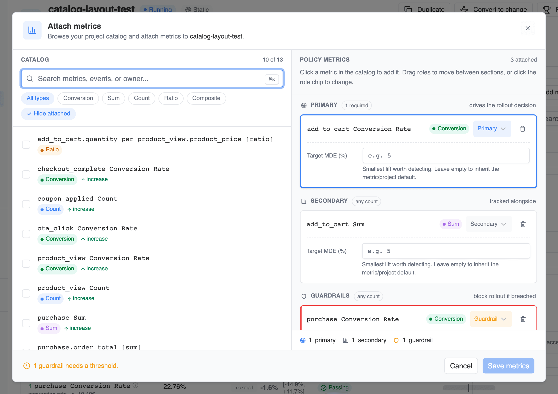Attach metrics dialog with searchable catalog on the left and role-grouped cart on the right