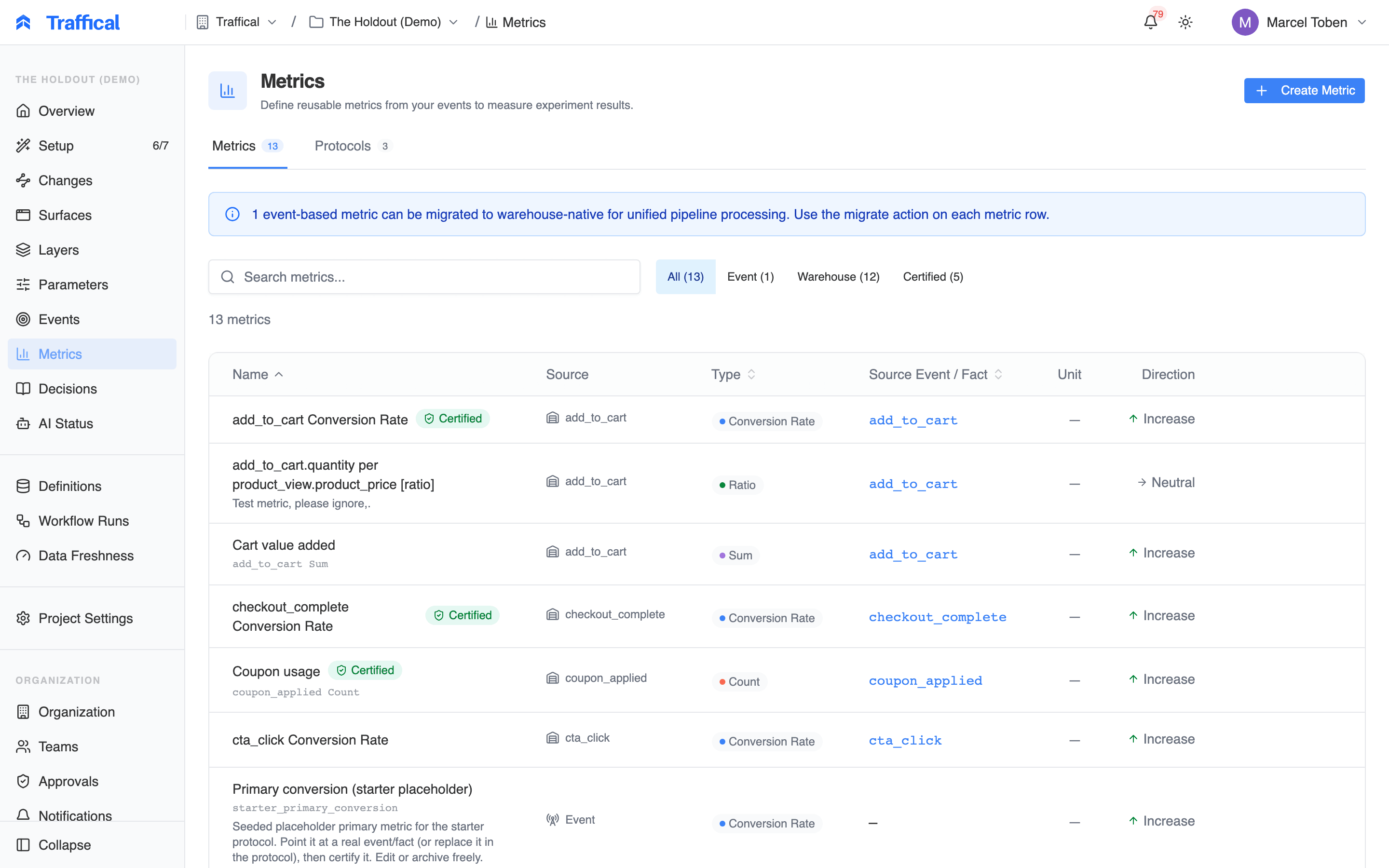 Metrics list with type badges, source column, and filter chips