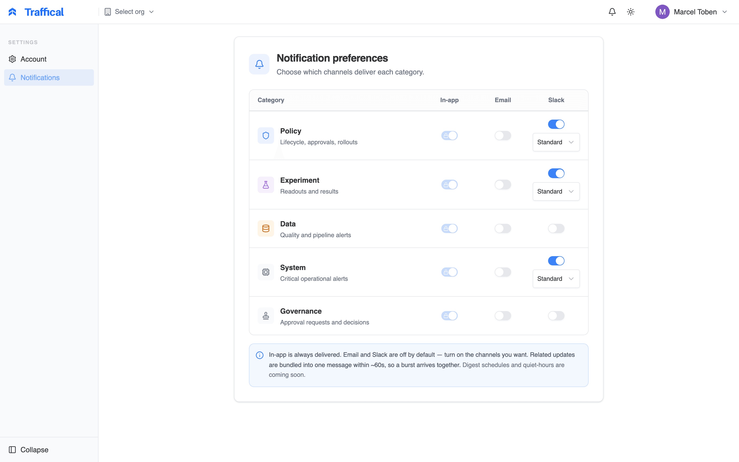 Notification preferences matrix of categories by channel