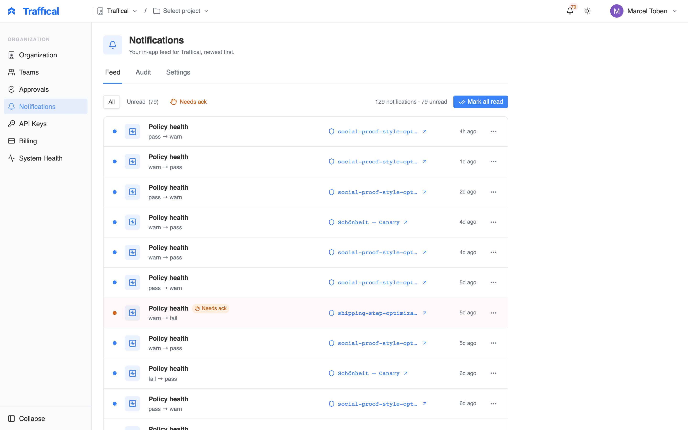 Notifications feed with All, Unread, and Needs ack tabs