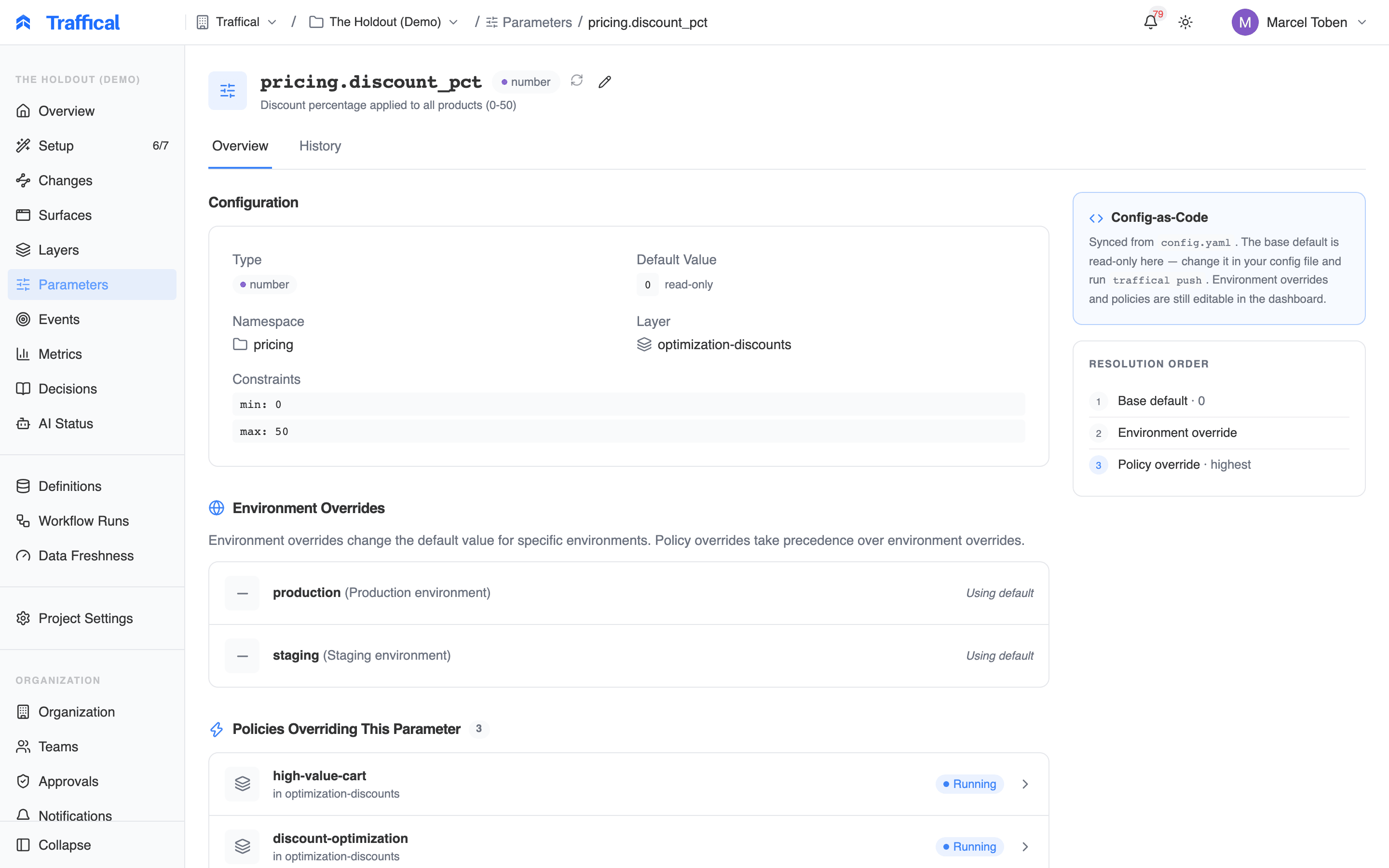 Parameter detail page with configuration, overrides, policies, and surfaces