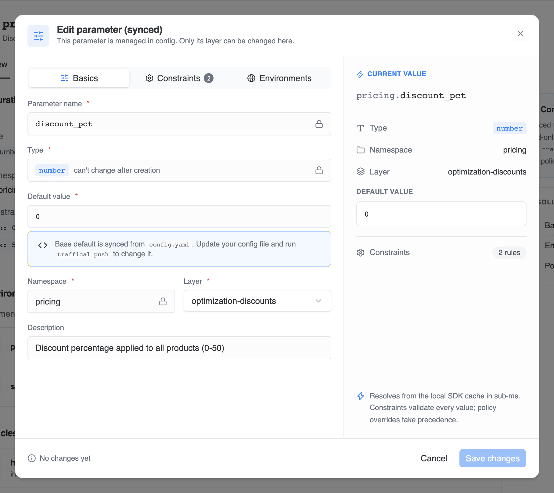 Two-pane parameter editor with Basics, Constraints, and Environments tabs and a live preview