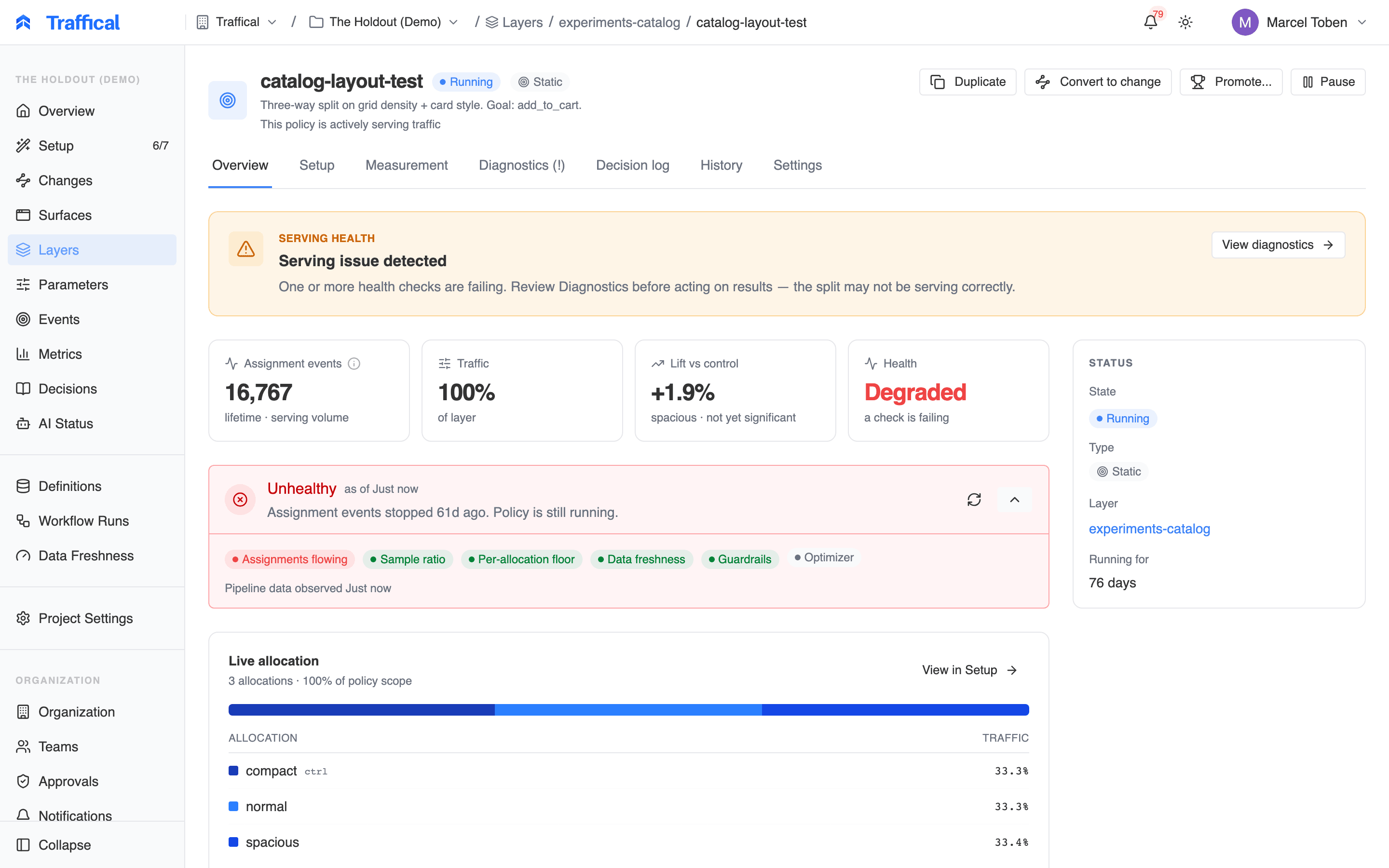 Policy Overview tab with verdict banner, KPI band, and live allocation