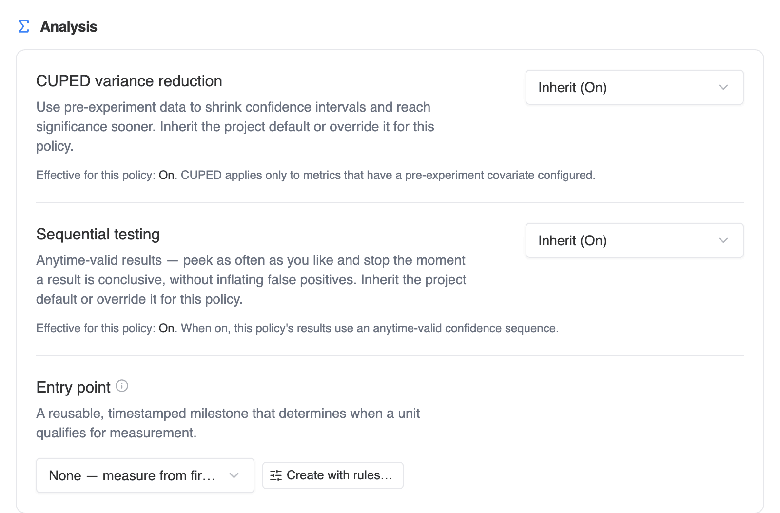Per-policy CUPED and sequential testing overrides with inherit, enabled, and disabled choices