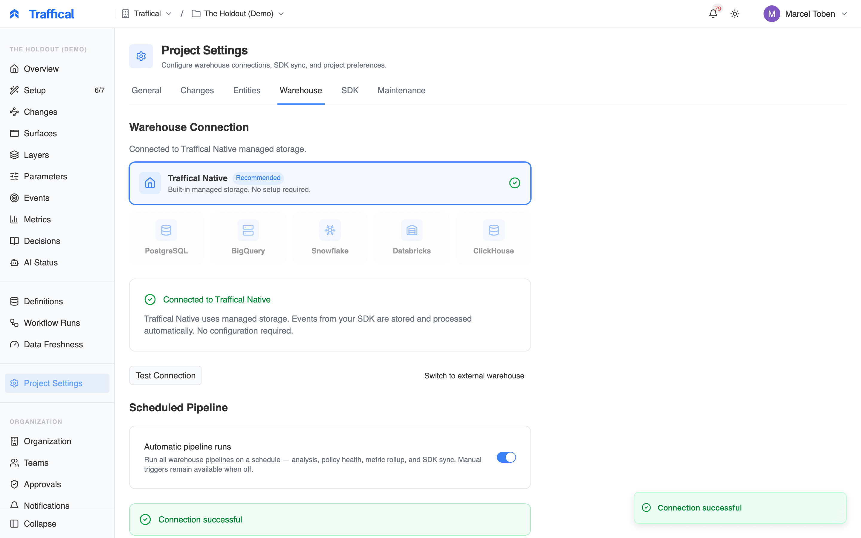 Warehouse settings with a Test Connection result