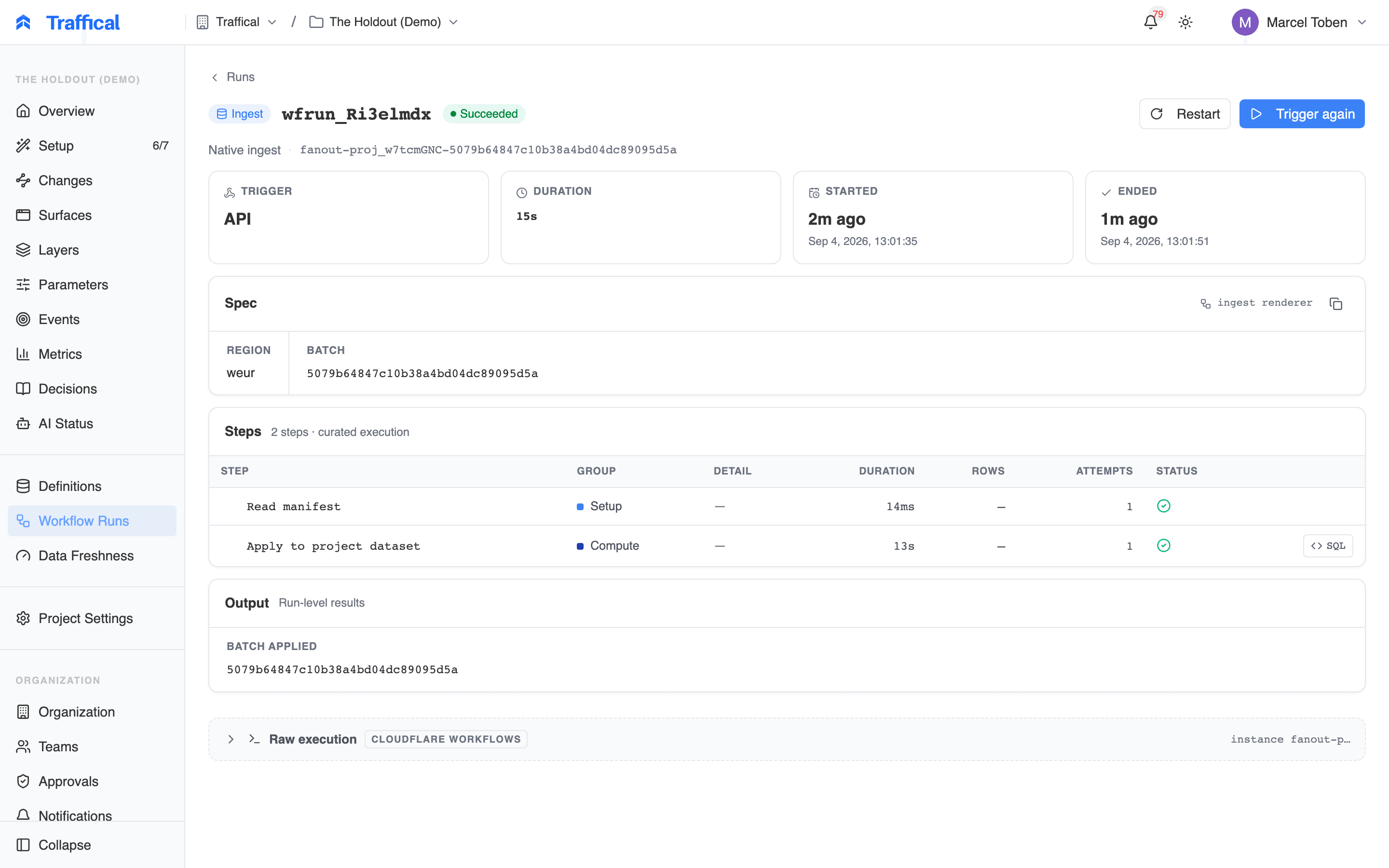 Workflow run detail with step table and durations