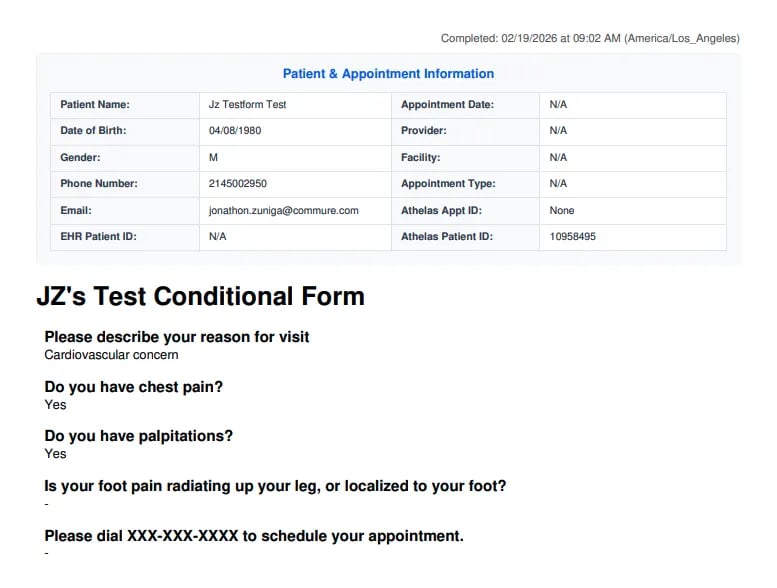 Conditional form response PDF in the patient's Attachments section