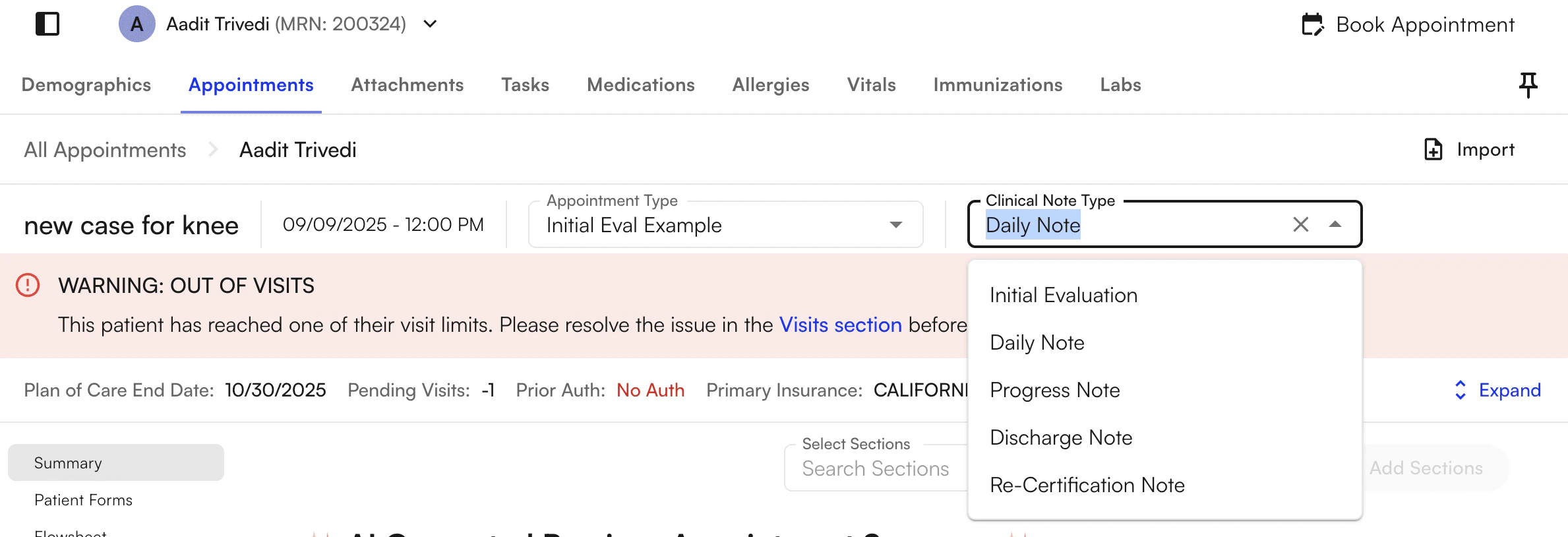 Chart note clinical type dropdown in the chart note header
