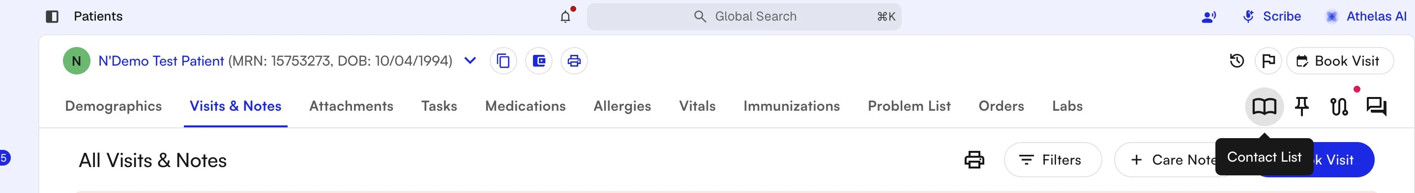 Patient chart toolbar with the book icon highlighted and its tooltip showing