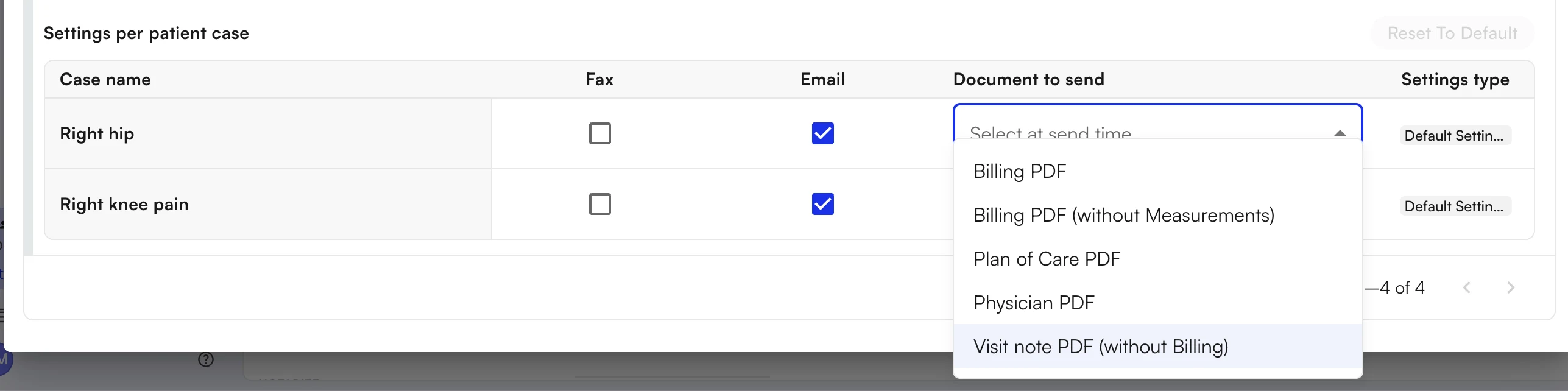 Settings per patient case table with two case rows and the Document to send selector open