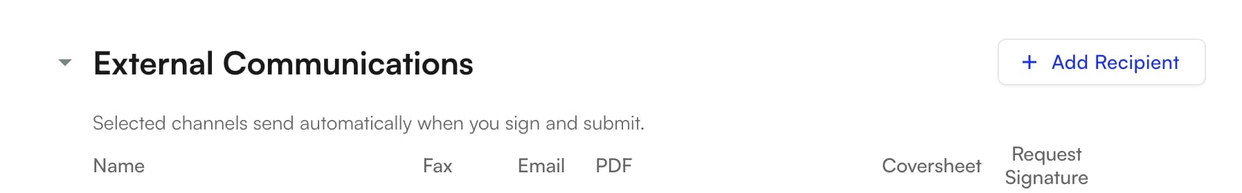 External Communications header with the Add Recipient button on the right