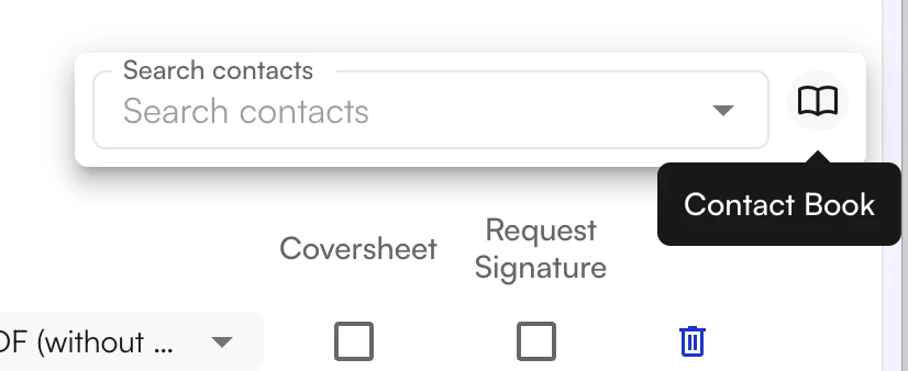 Search contacts field open in the note with the Contact Book icon and tooltip beside the search field