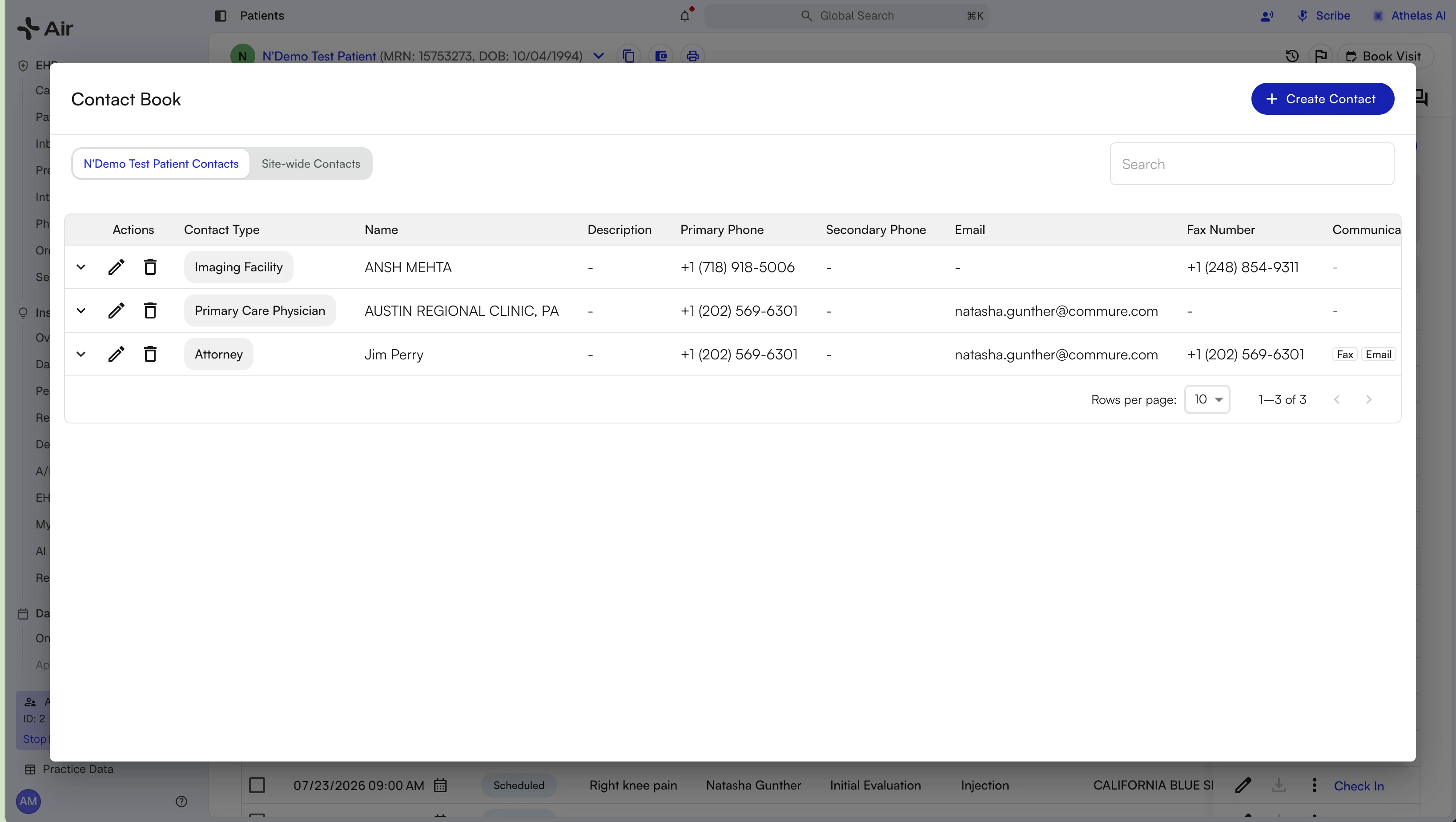 Contact Book open on the patient tab, listing contacts by type with phone, email, and fax columns