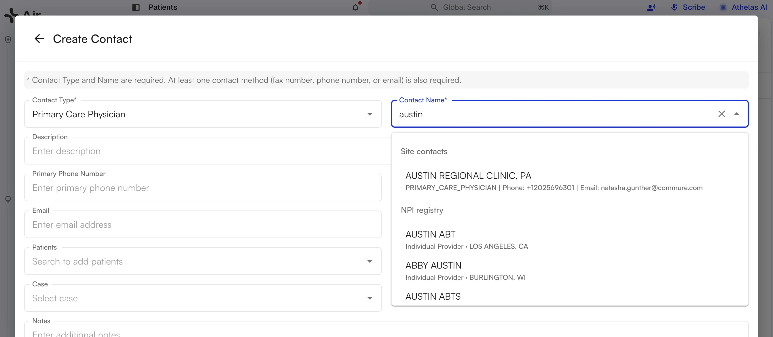 Create Contact form with a name search showing results grouped under Site contacts and NPI registry