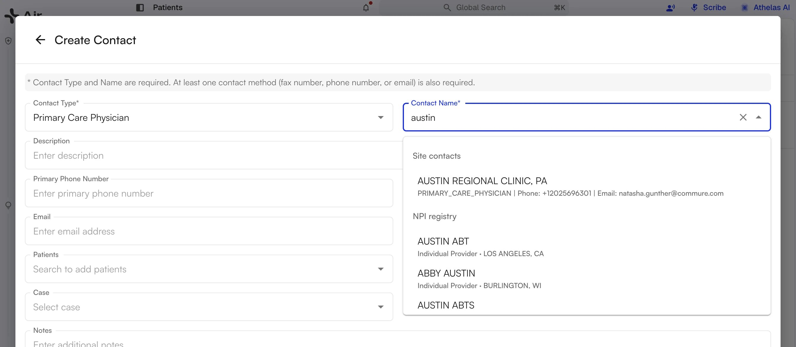 Create Contact form with a name search showing results grouped under Site contacts and NPI registry