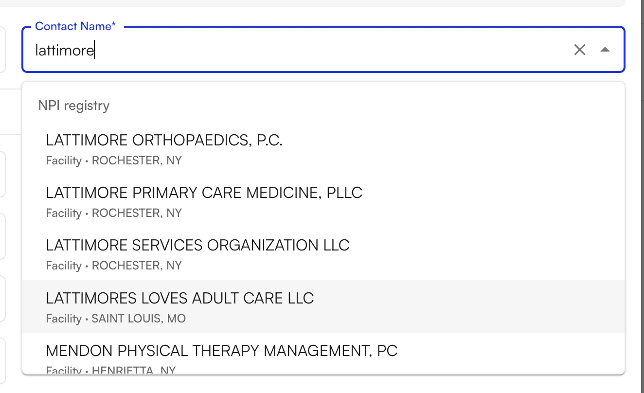 Contact Name search returning NPI registry results labeled Facility with their city and state