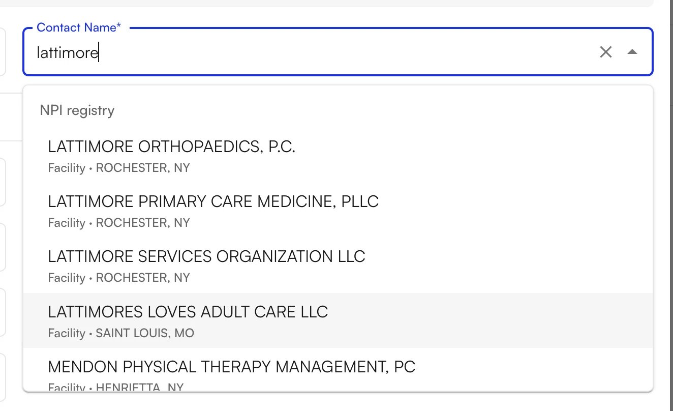 Facility Search Results Contact Name search returning NPI registry results labeled Facility with their city and state