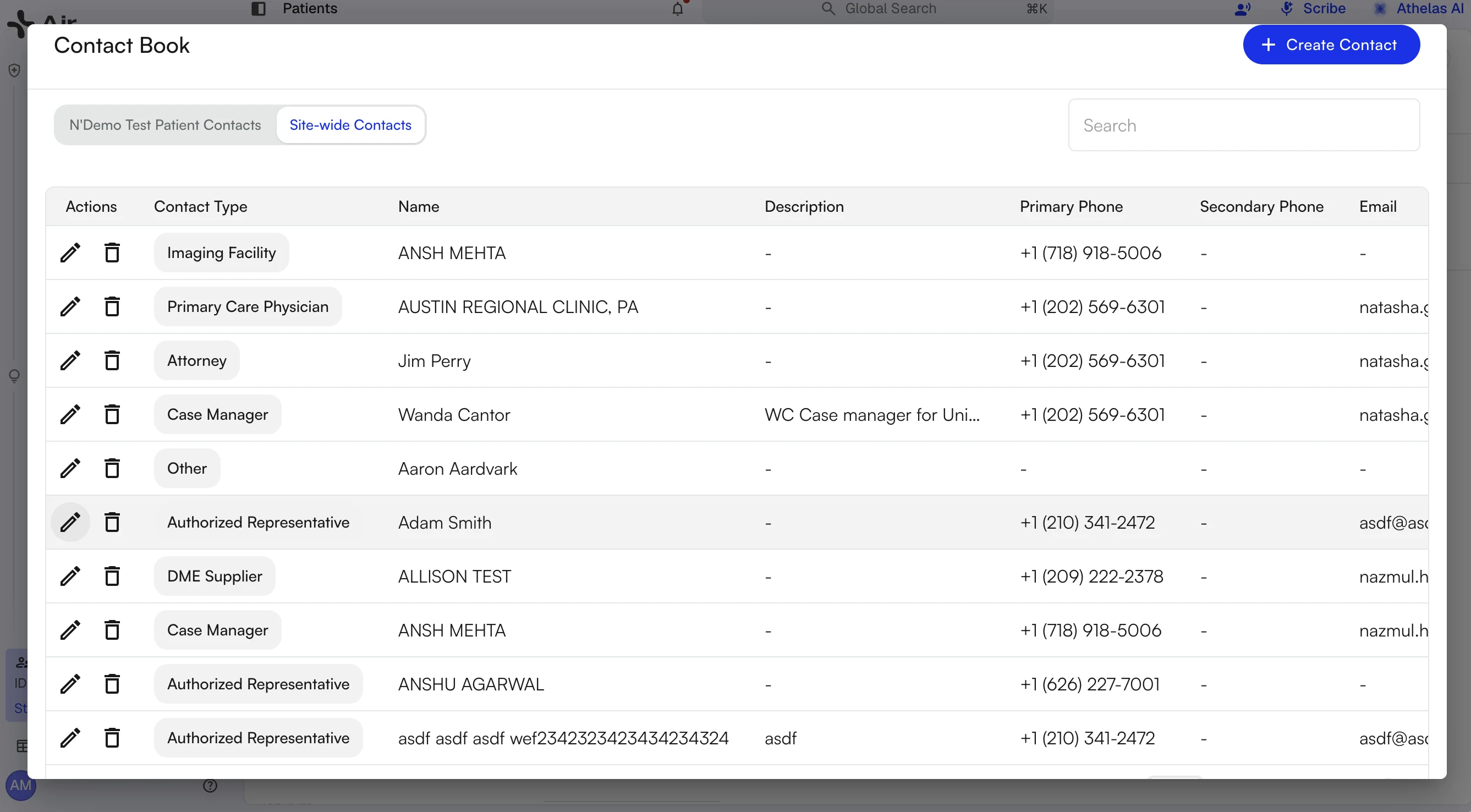 Site-wide Contacts tab listing every contact the site has created