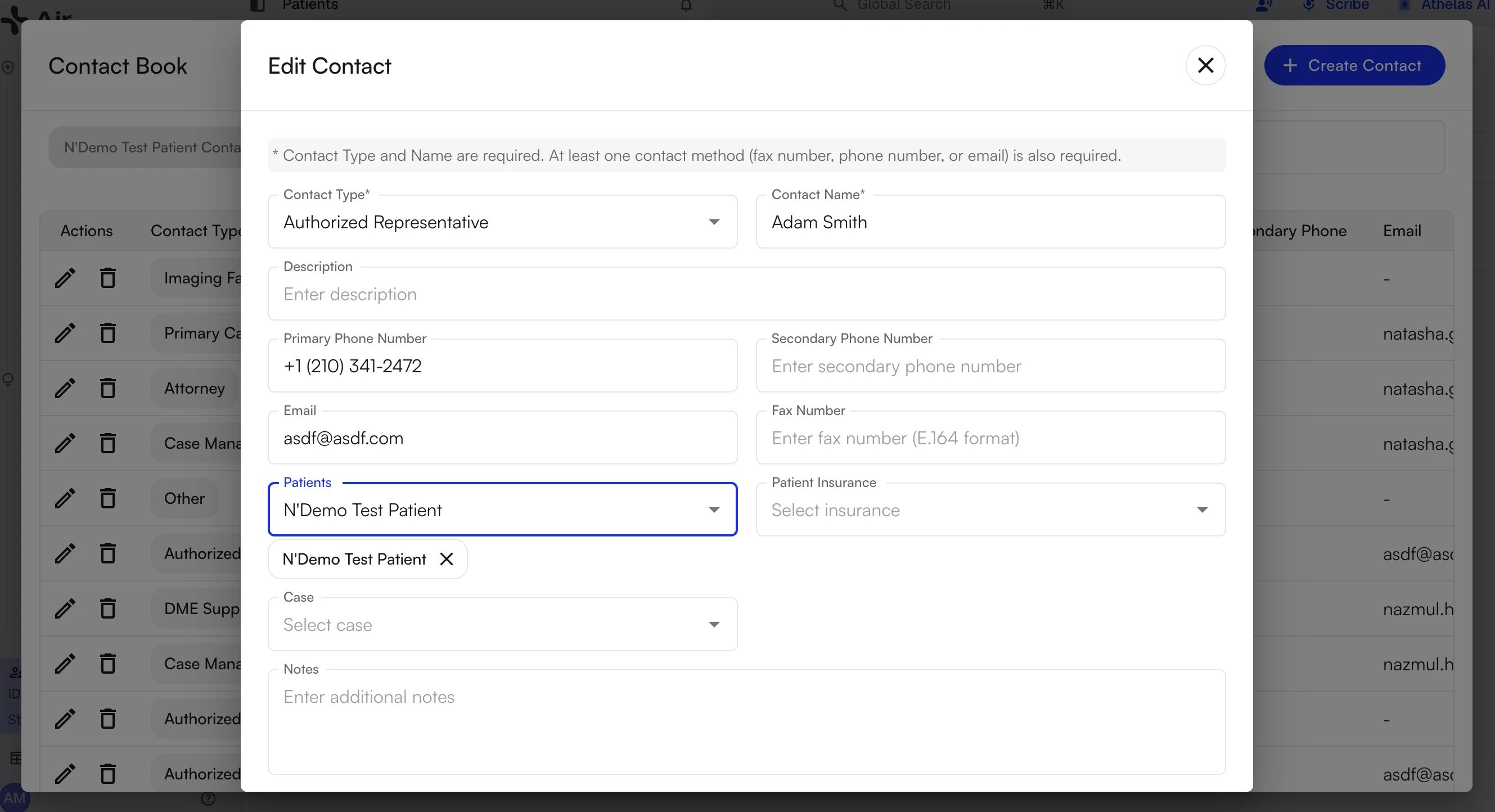 Edit Contact dialog with a patient added in the Patients field and shown as a chip below the field
