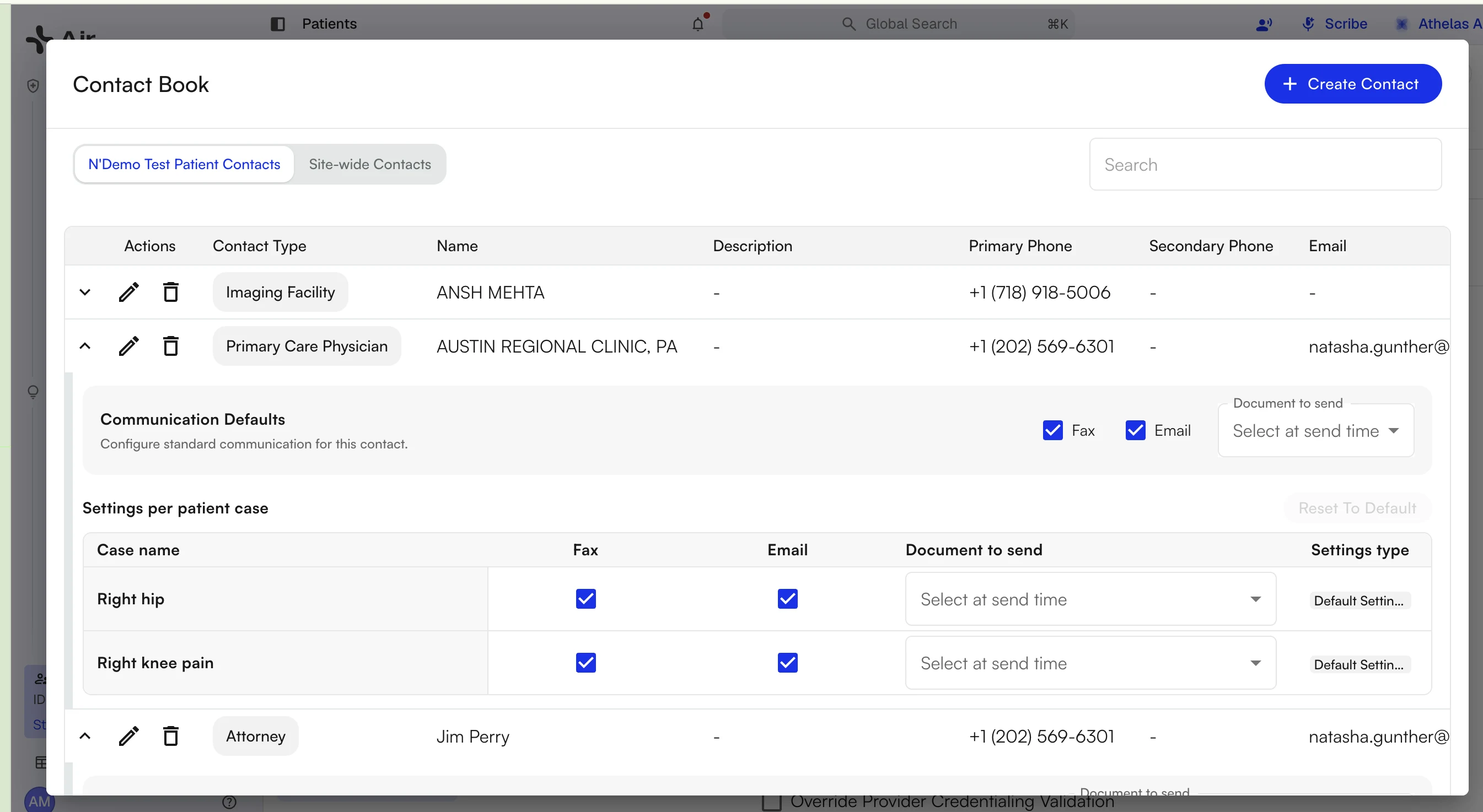 Expanded contact row showing the Communication Defaults box above the Settings per patient case table