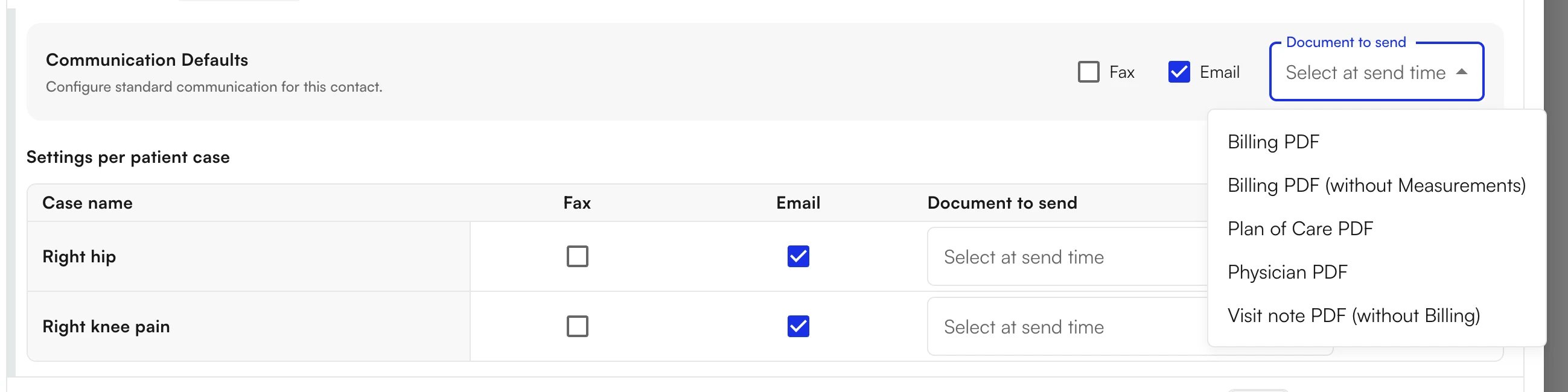 Document to send selector open in Communication Defaults, listing the available PDF types