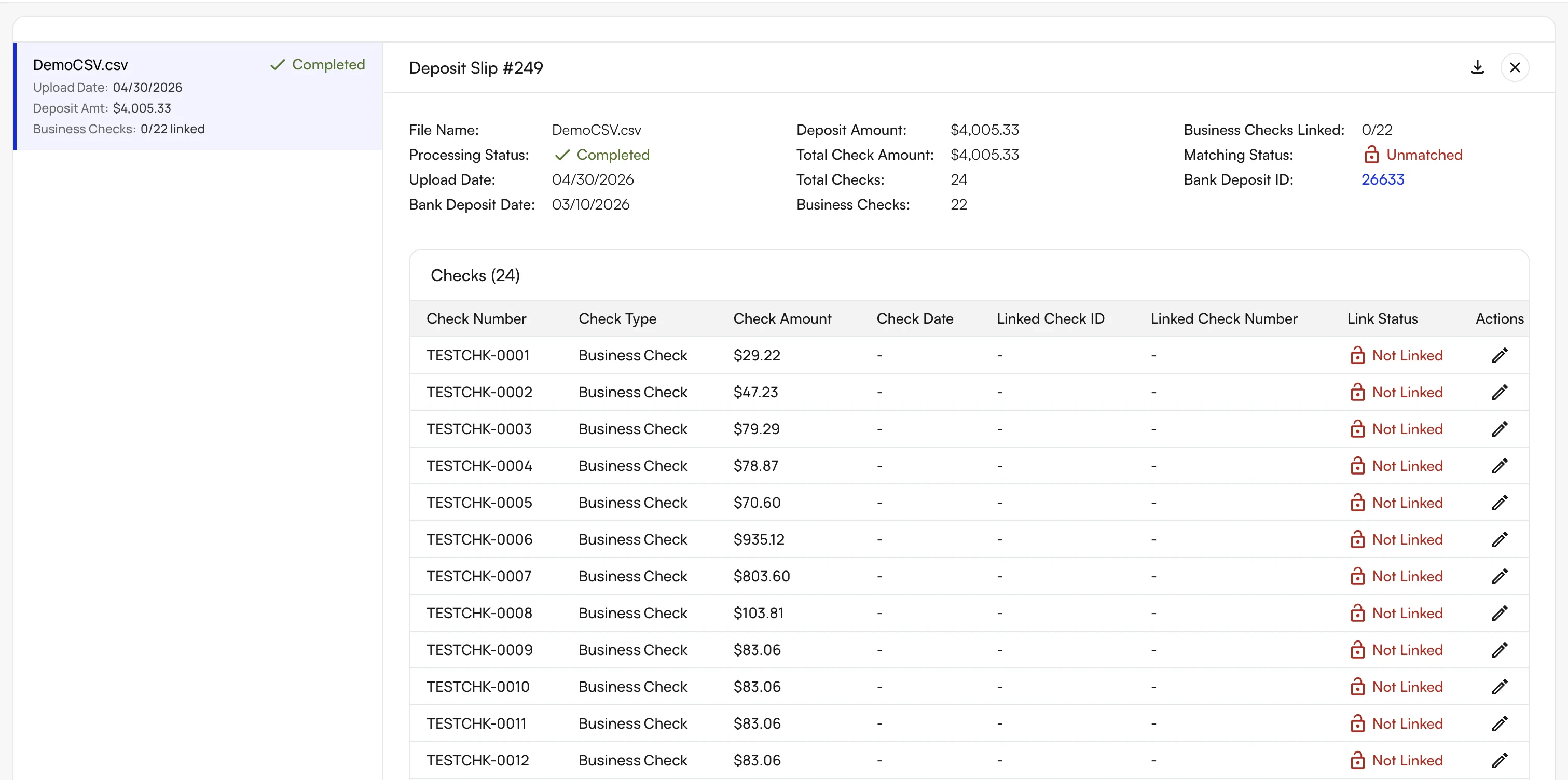 The per-line breakdown showing matched and unlinked checks
