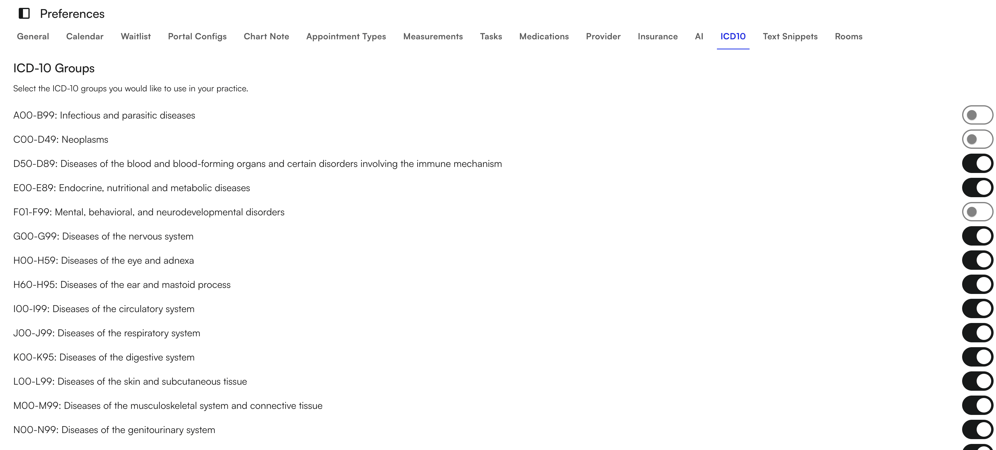 ICD10 configuration page showing options to select code groups for the practice