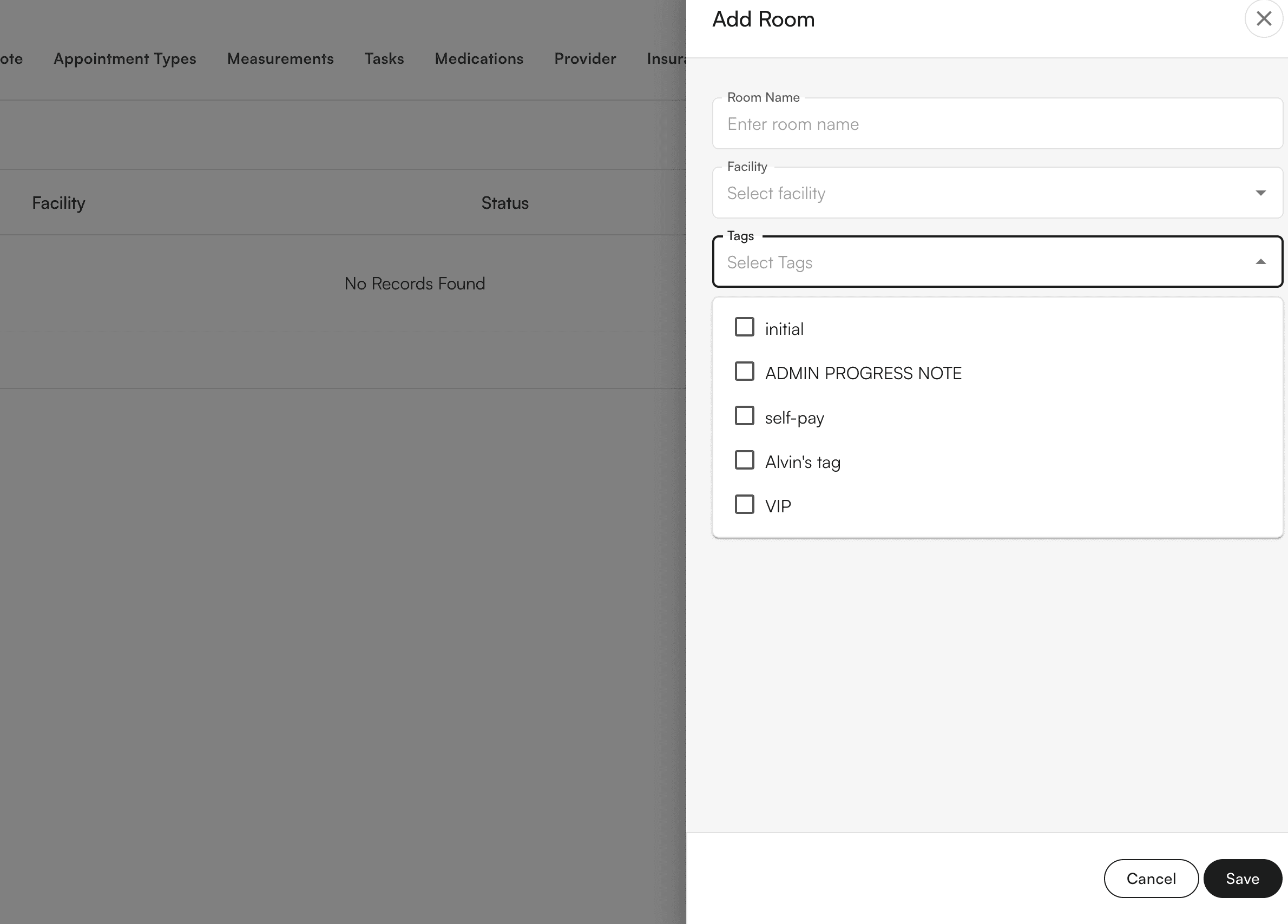 Rooms configuration page showing options to create and manage different room types for patient encounters