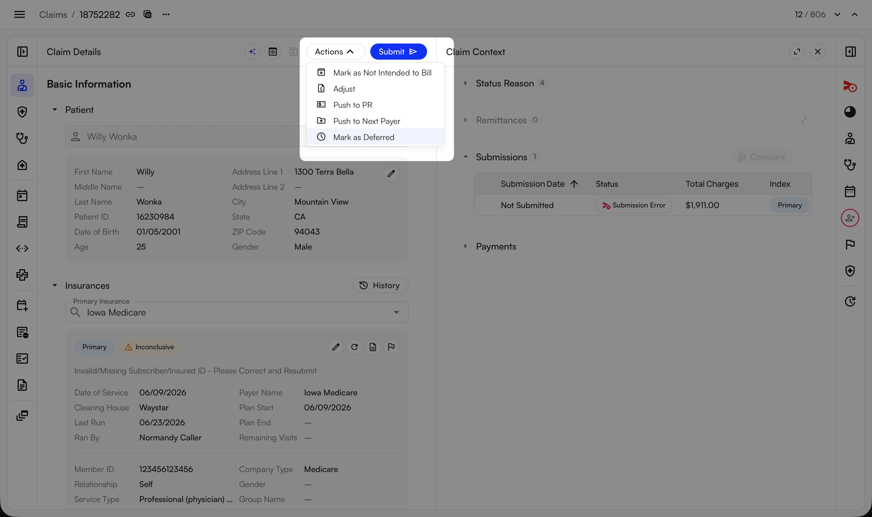 The Defer option in the Actions dropdown on a claim