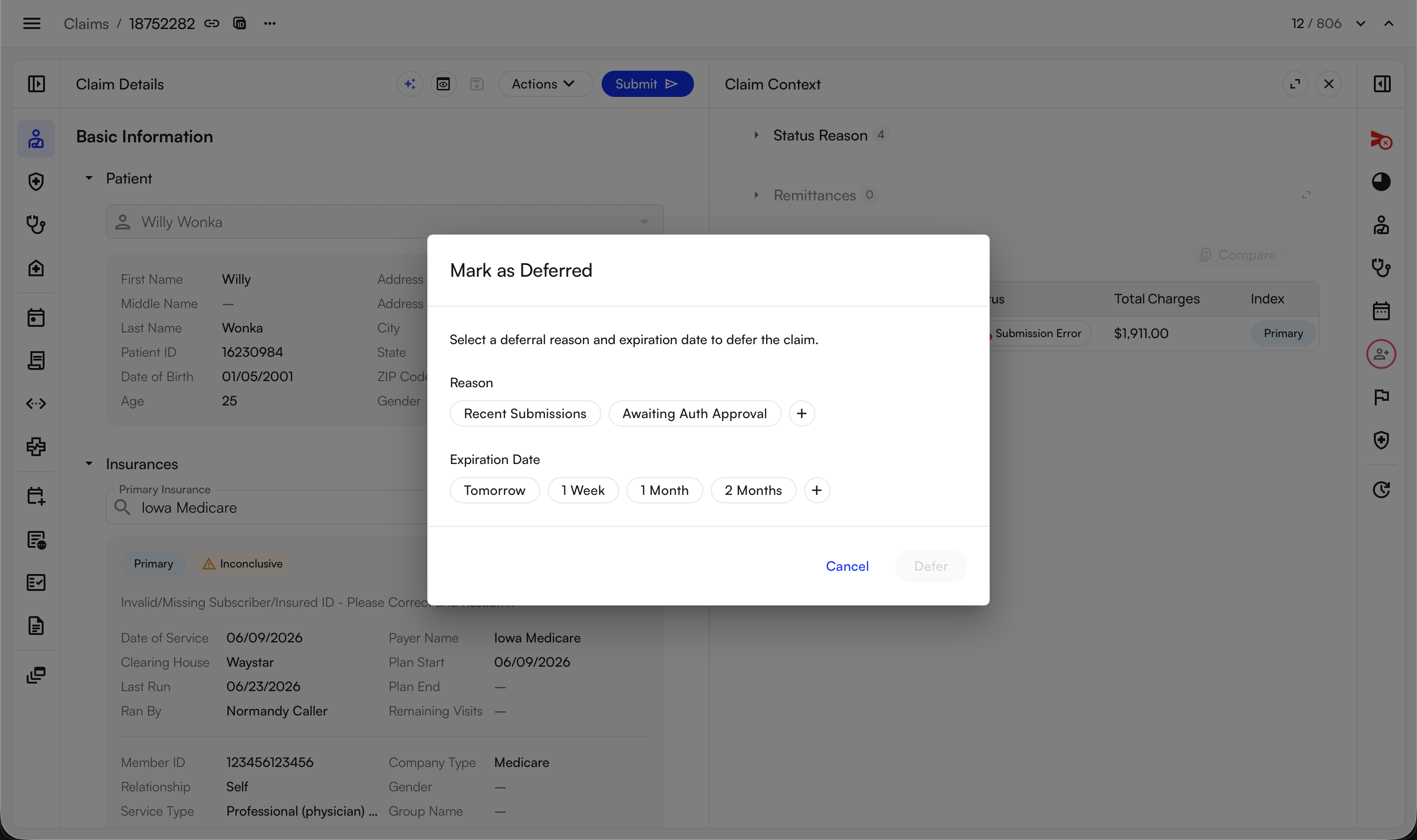 The defer popup with a reason and expiration date