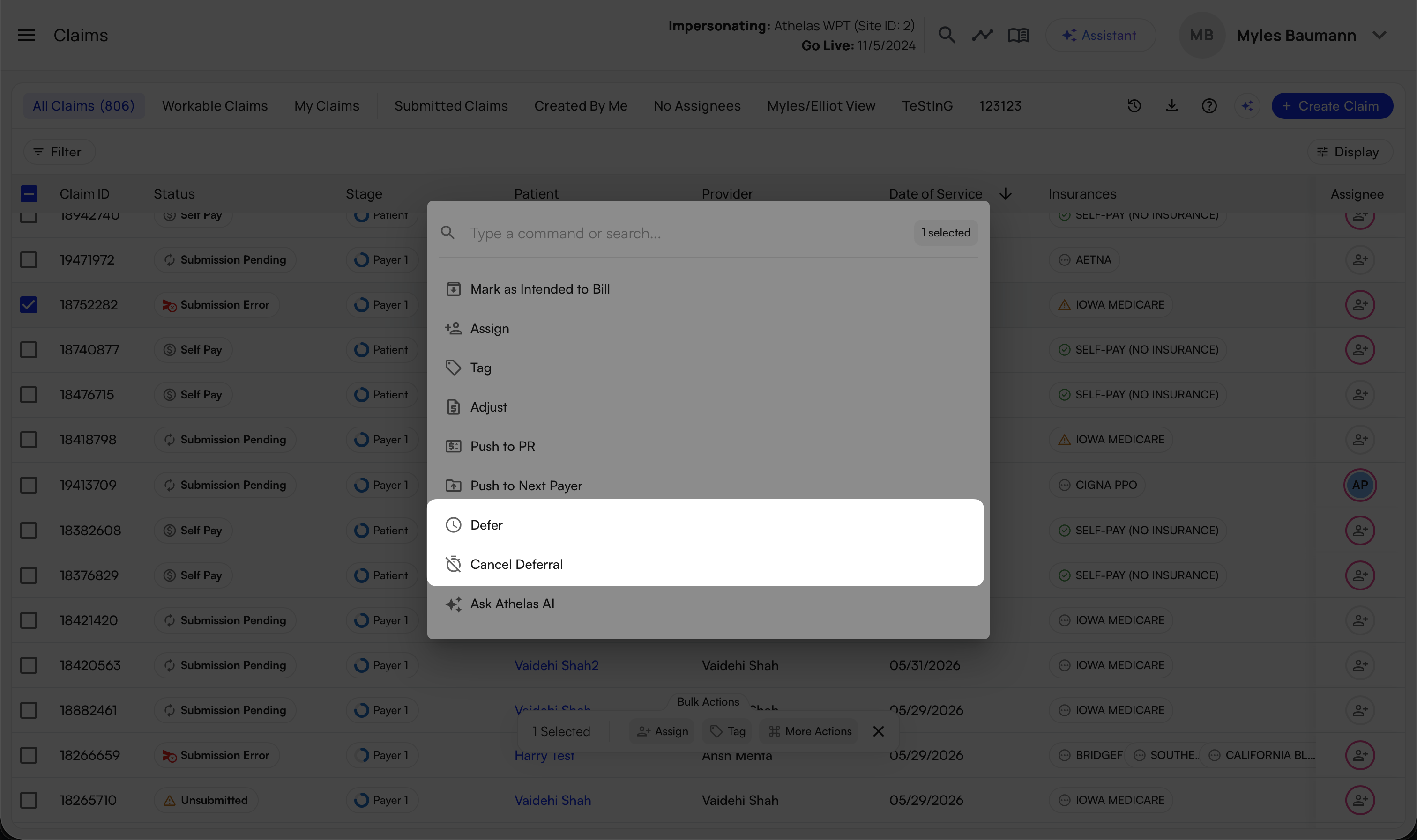 Deferring several claims at once with a bulk action