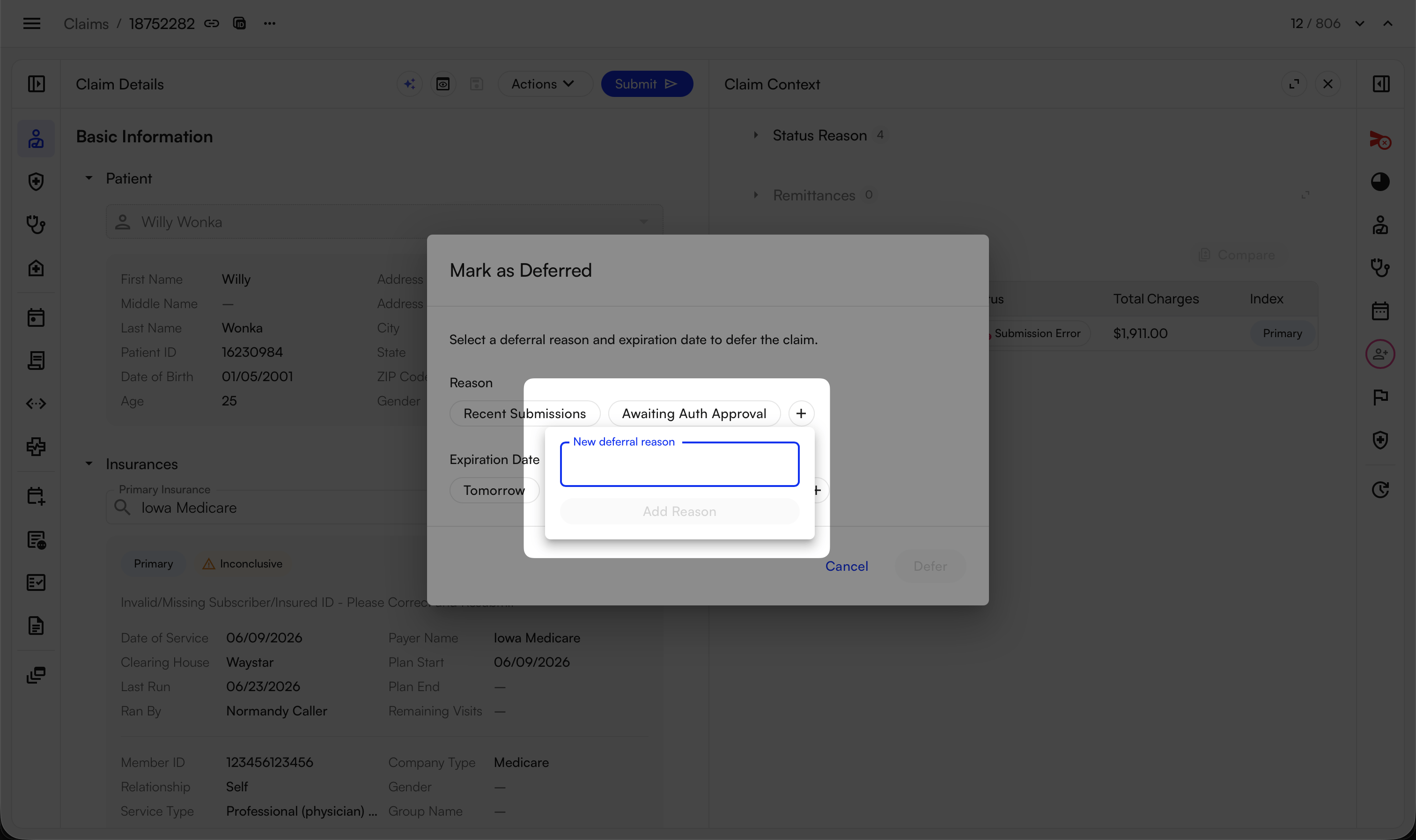 Creating a new deferral reason with the plus button