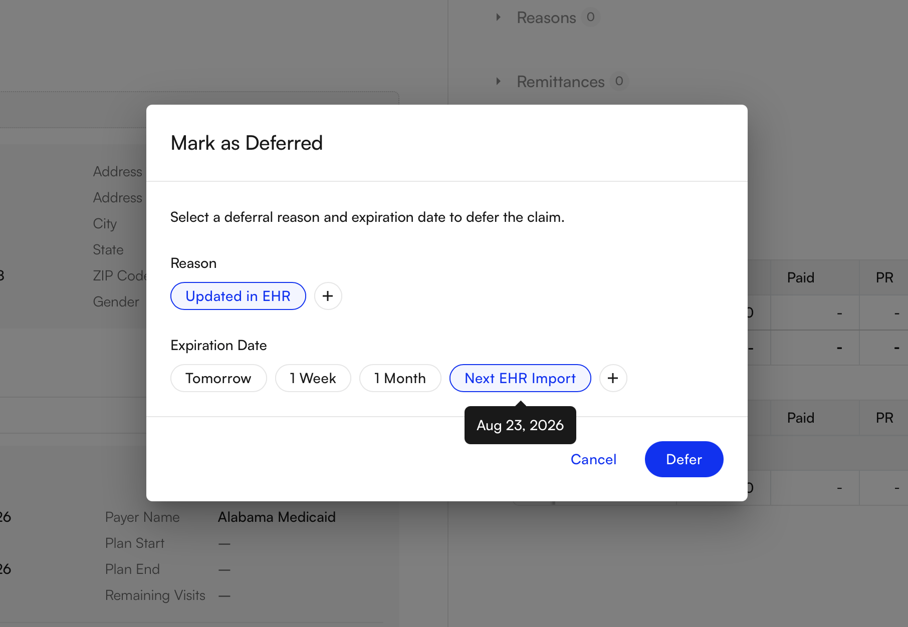 The Updated in EHR deferral reason for billing-only sites